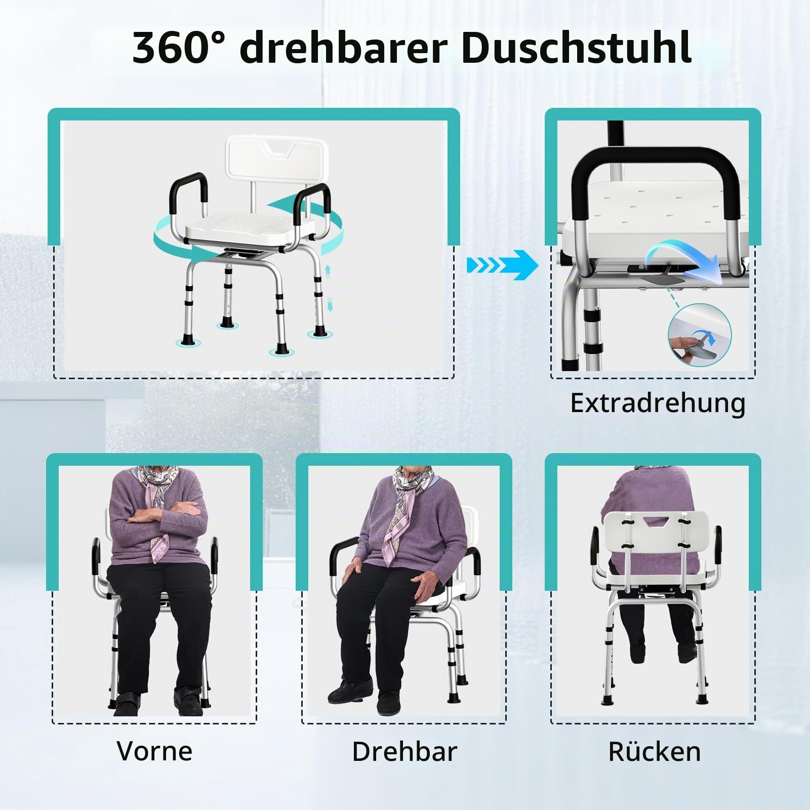 TODO Duschhocker 360° Drehbarer,Duschstuhl Höhenverstellbar, mit Rutschfesten Gummifüßen für Sicheren Halt,Badhocker, Duschhilfe, Duschsitz, Belastbar bis 120kg