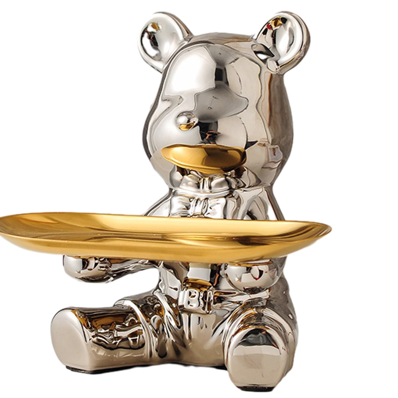 YIQIYOU Key Storage Small Tray Resin Polar Bear Sculpture with Metal Tray Animal Figurine Ornament Standing Statue Candy Jewelry Organizer for Table,Desk Holder Decor (Color : Silver A)