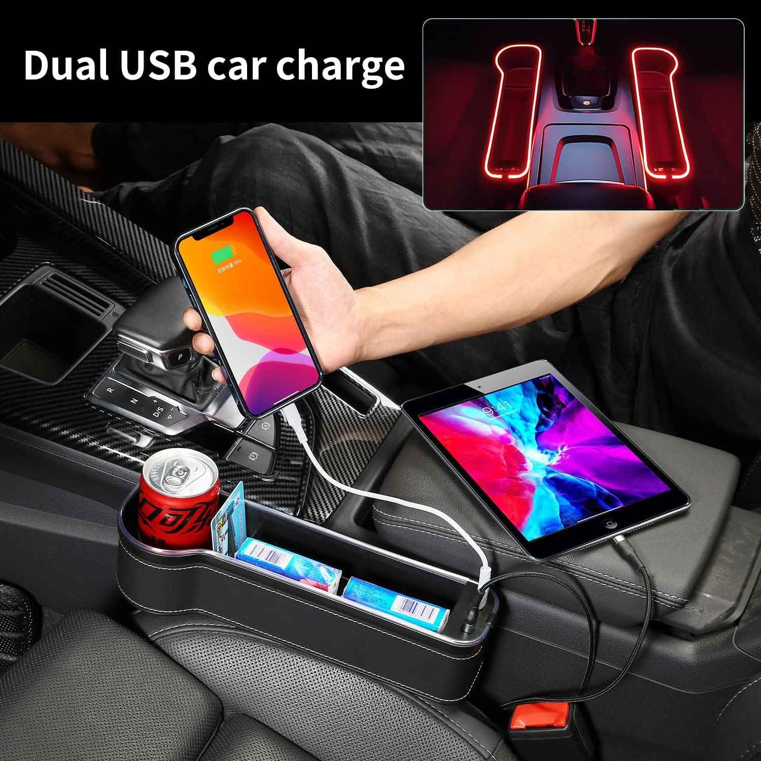 LED Car Seat Gap Filler Organizer with Fast Charger and Cup Holder - 7 Color Ambient Lights, PU Leather Storage Box for Phone/Keys/Coins (Universal Fit for SUV/Sedan)