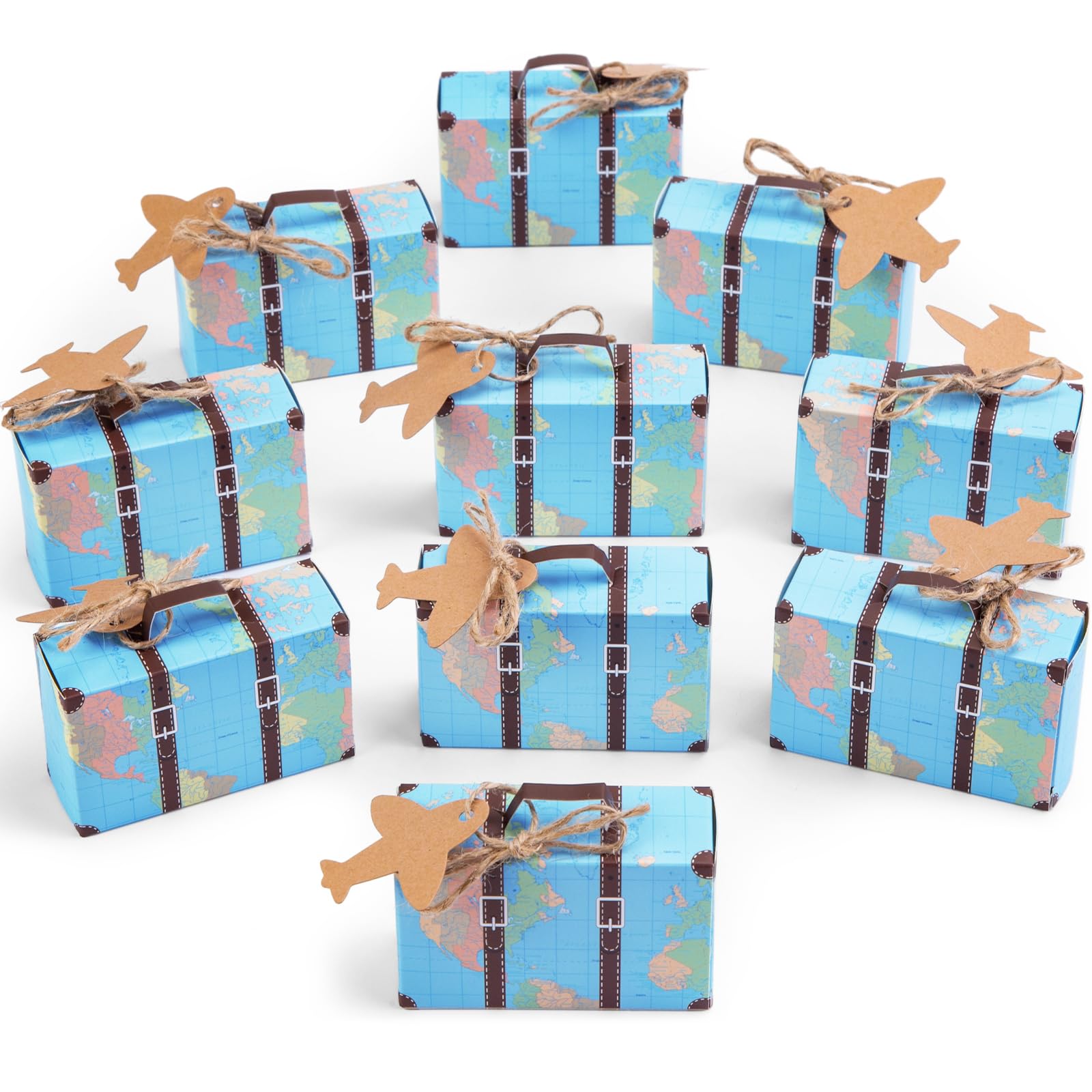 HONEYGIFTS 50 Piece Mini Suitcase Gift Box Party Favor Candy Box, Mini World Map Suitcase for Birthday Party/Wedding/Travel Themed Parties/Bride Shower Decoration, with Labels and Burlap Cloth