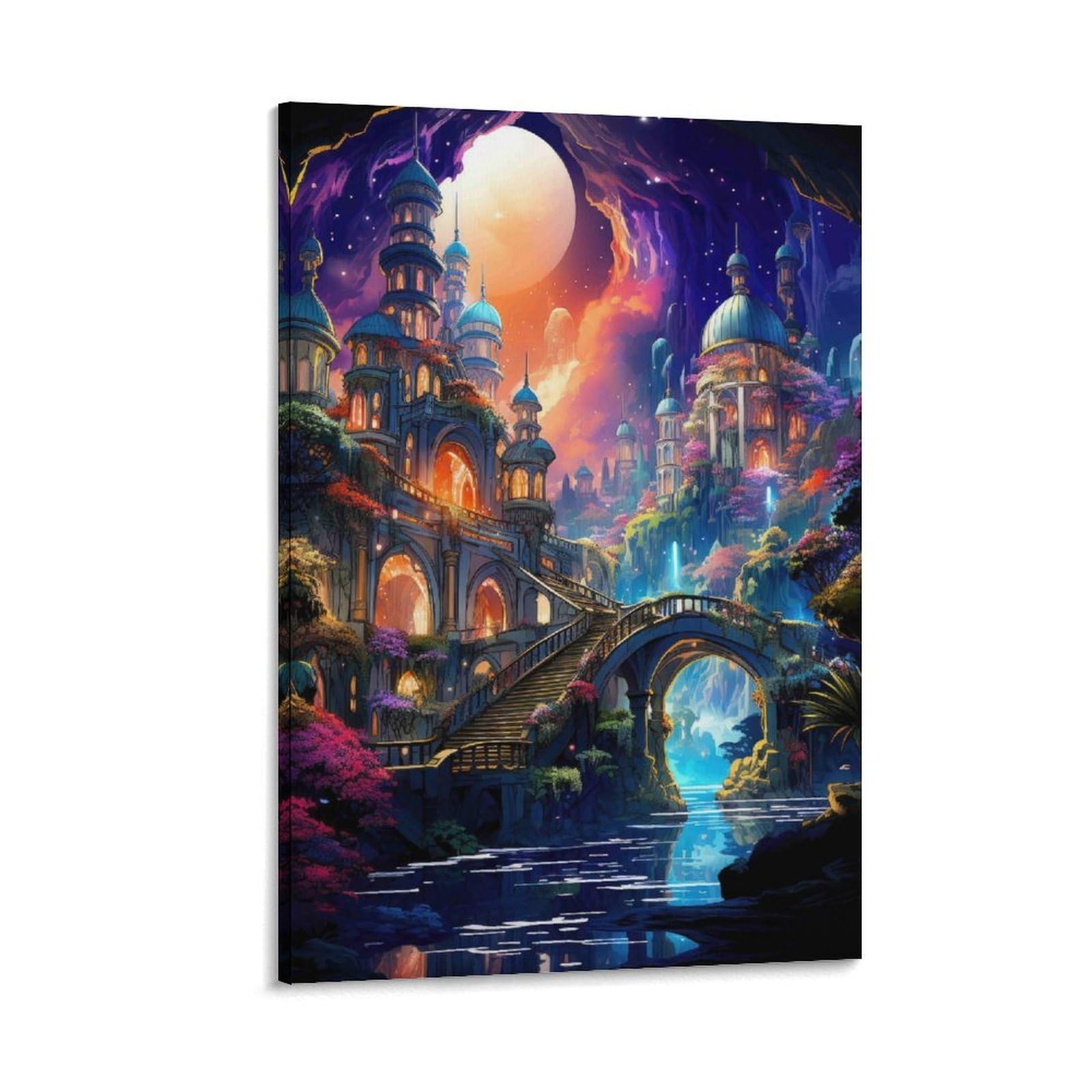 DHBANEIOK Fantasy Castle Night Poster Artwork Giclee Canvas Prints Modern Canvas Wall Art Picture Wall Hanging for Office Gym Living Room Decor 12x18inch(30x45cm)