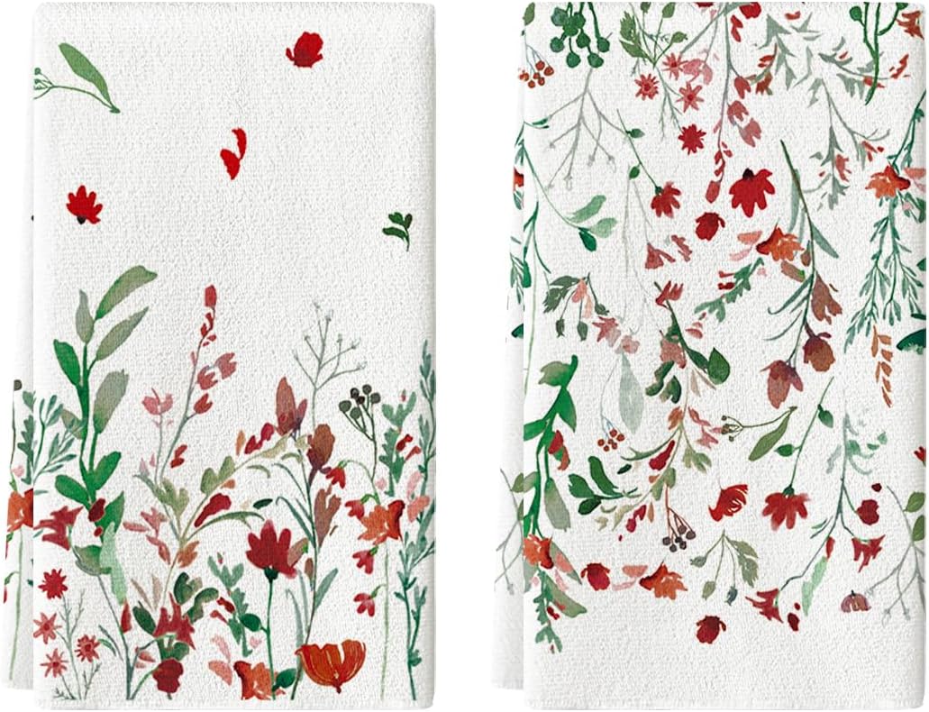 Artoid Mode Wildflower Floral Christmas Kitchen Towels Dish Towels, 18x26 Inch Farmhouse Holiday Winter Decoration Cleaning Set of 2