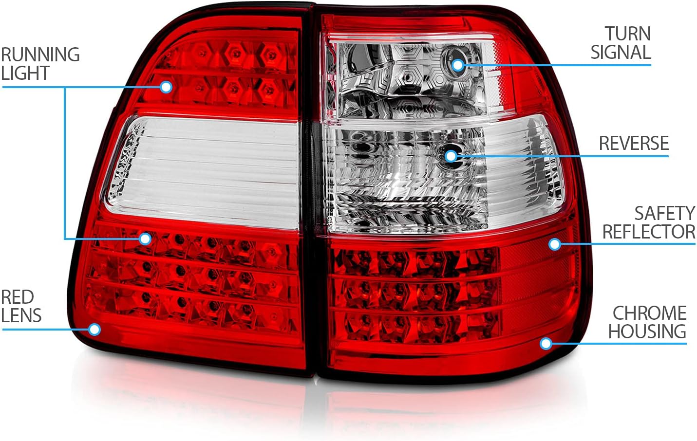 AmeriLite Red/Clear LED Replacement Brake Tail Lights Set For 98-05 Toyota Land Cruiser - Passenger and Driver Side
