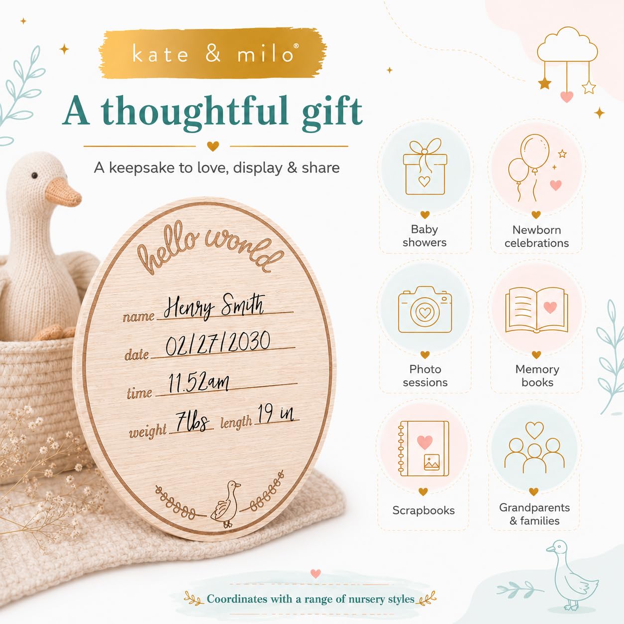 Kate & Milo Wooden Hello Baby Birth Announcement Photo Prop, Goose Design, Personalized Newborn Milestone Sign for Hospital and Newborn Photos