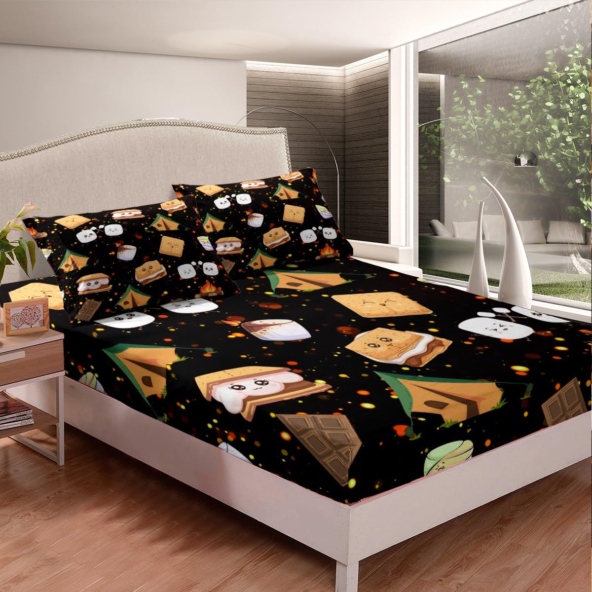 Cute Marshmallow Fitted Sheet Twin Size Kids Cute S'Mores Cookie Bedding Set for Boys Teens Happy Camping Bed Sheet Set Outdoor Adventure Bed Cover Room Decor