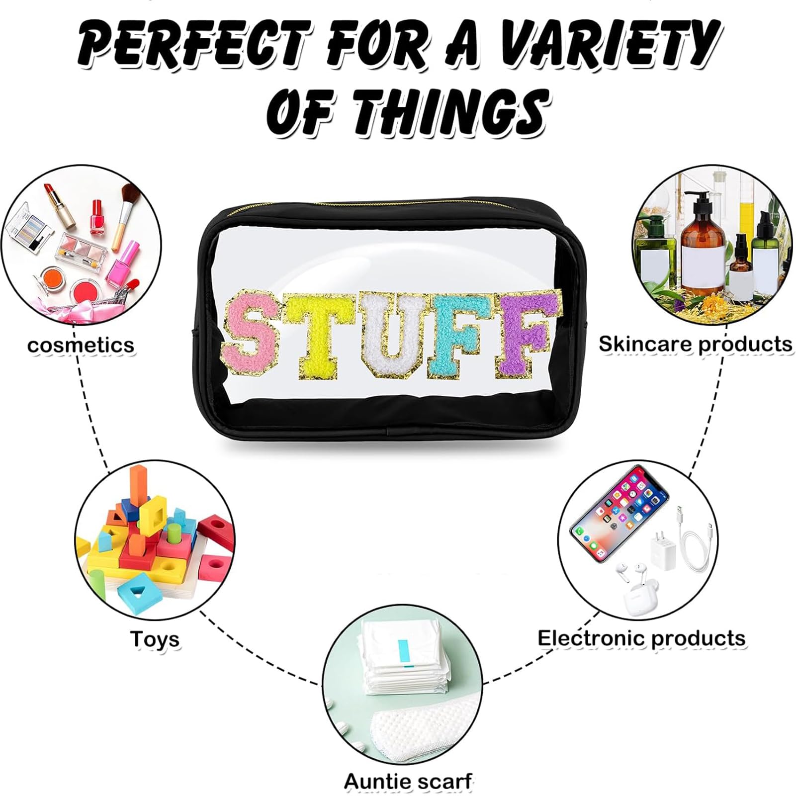 URSKYTOUS Bolsa de maquillaje transparente de chenilla con letras de nailon, bolsa de cosméticos con cremallera, bolsa de maquillaje de viaje transparente de PVC transparente, impermeable, organizador