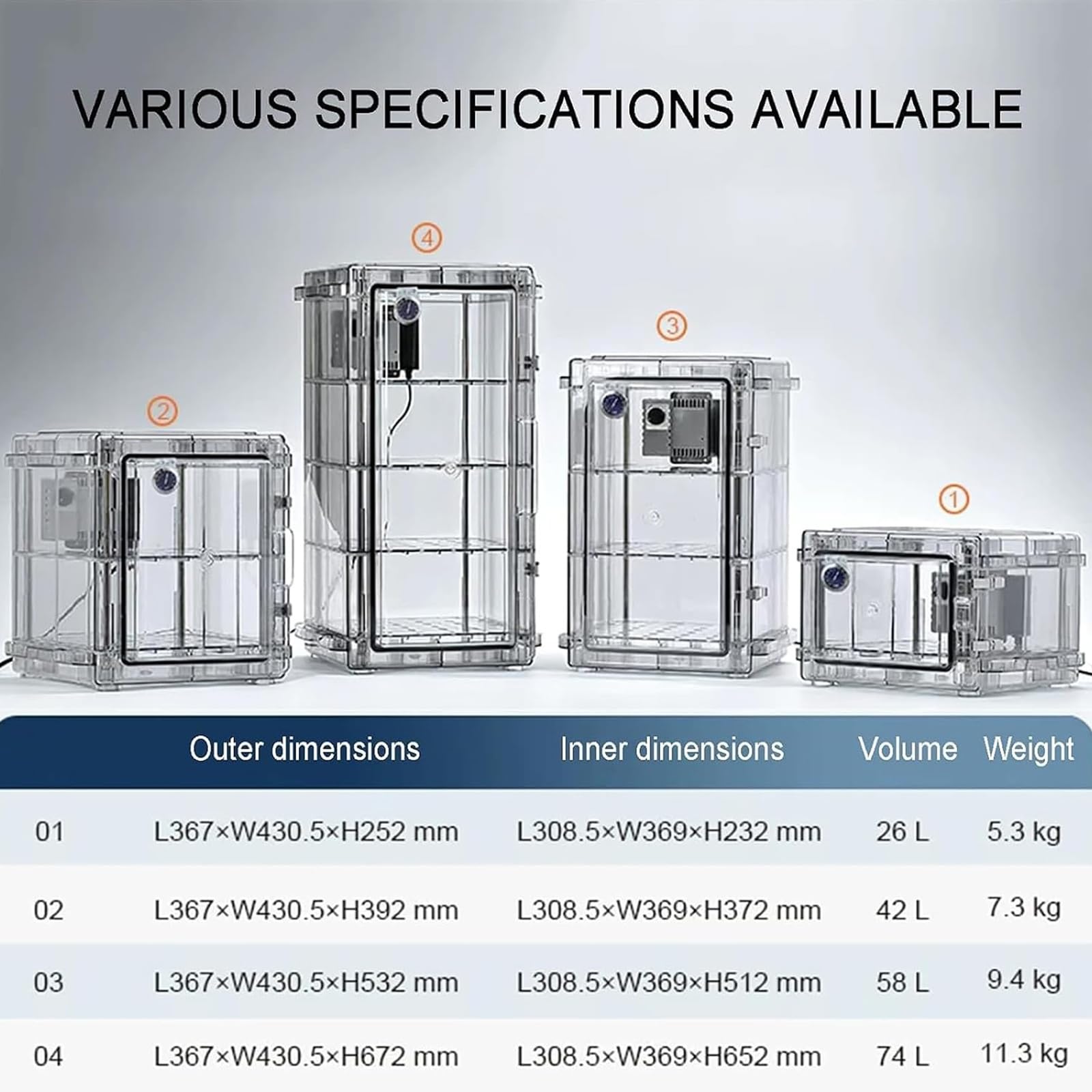 Szafa sucha ABS do aparatu, 26 l/42 l/58 l/74 l, przezroczysta | Elektroniczny osuszacz powietrza z higrometrem, regulacja wilgotności, do przechowywania obiektywów i sprzętu(26L)