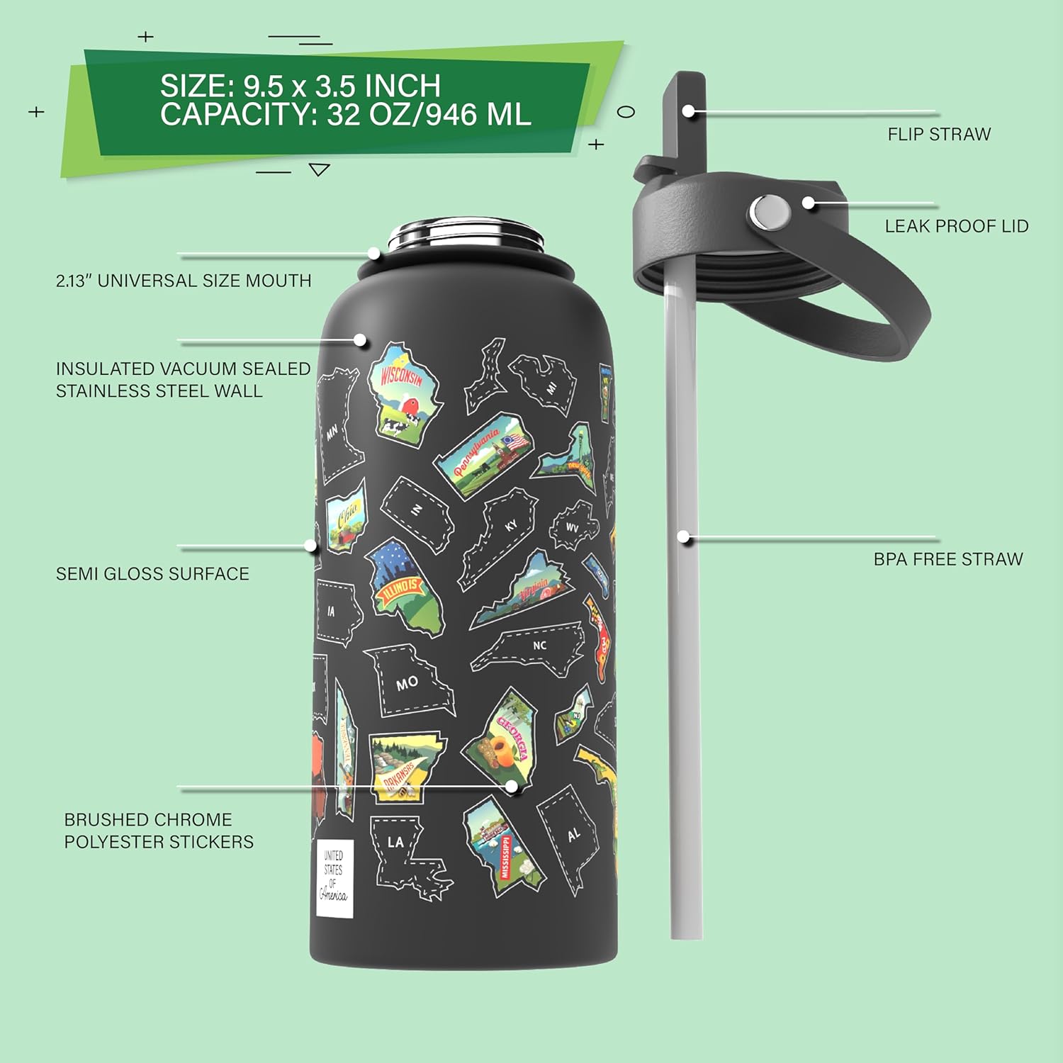 United States Map Water Bottle With Waterproof Stickers Wrap Around- Stainless Steel Insulated Vacuum Sealed 32 oz With Leak Proof Lid (United States Map BLACK) - Image 2