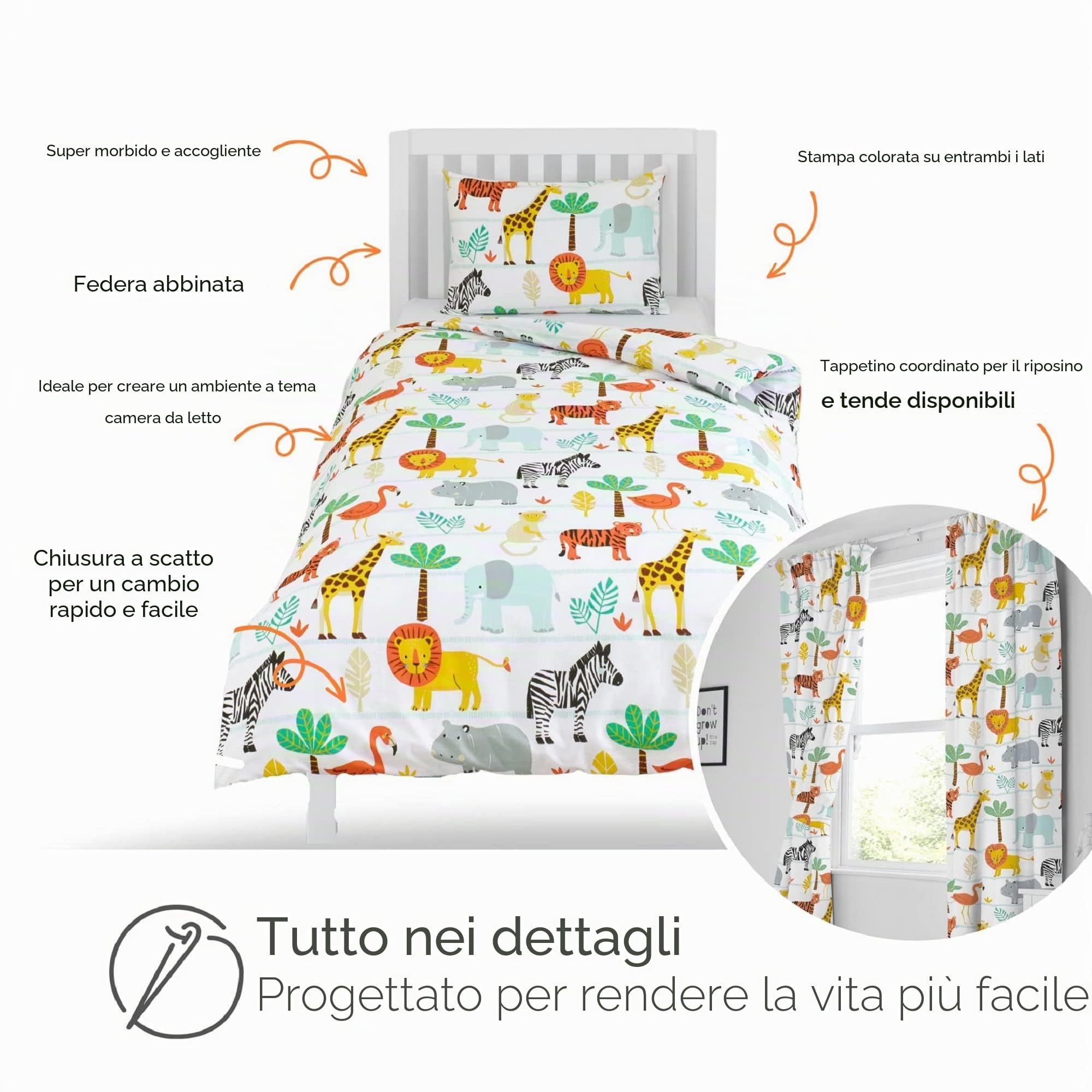 Bloomsbury Mill - Set Copripiumino Piazza e Mezza - Animali del Safari e Giungla - Lenzuola Letto Reversibile Per Ragazzi/Ragazee - Set Di Biancheria Da Letto Per Bambini - 200 x 200cm e 2 Federe