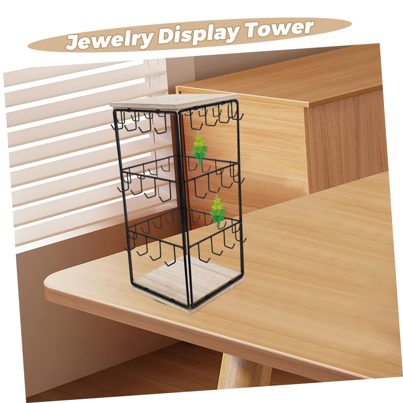 GLEAVI Schmuckständer aus Eisen und Holz mit Haken Multifunktionaler Ohrringhalter Organizer und Platzsparendes Aufbewahrungsdisplay für Ringe und Ohrringe im Minimalistischen Turm