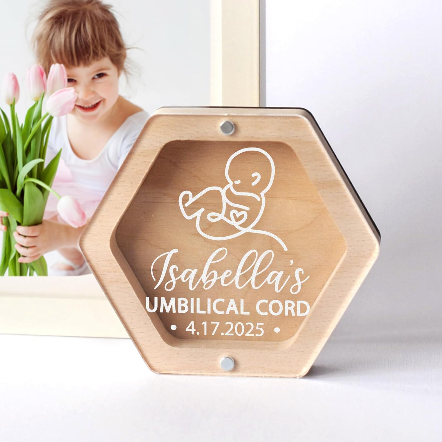 Personalized Baby's First Haircut Memory Box with Name, Wooden Keepsake with Engraving, Hair and Tooth Storage Umbilical Cord Case for Baby Shower Birthday Gift (Light Wood)