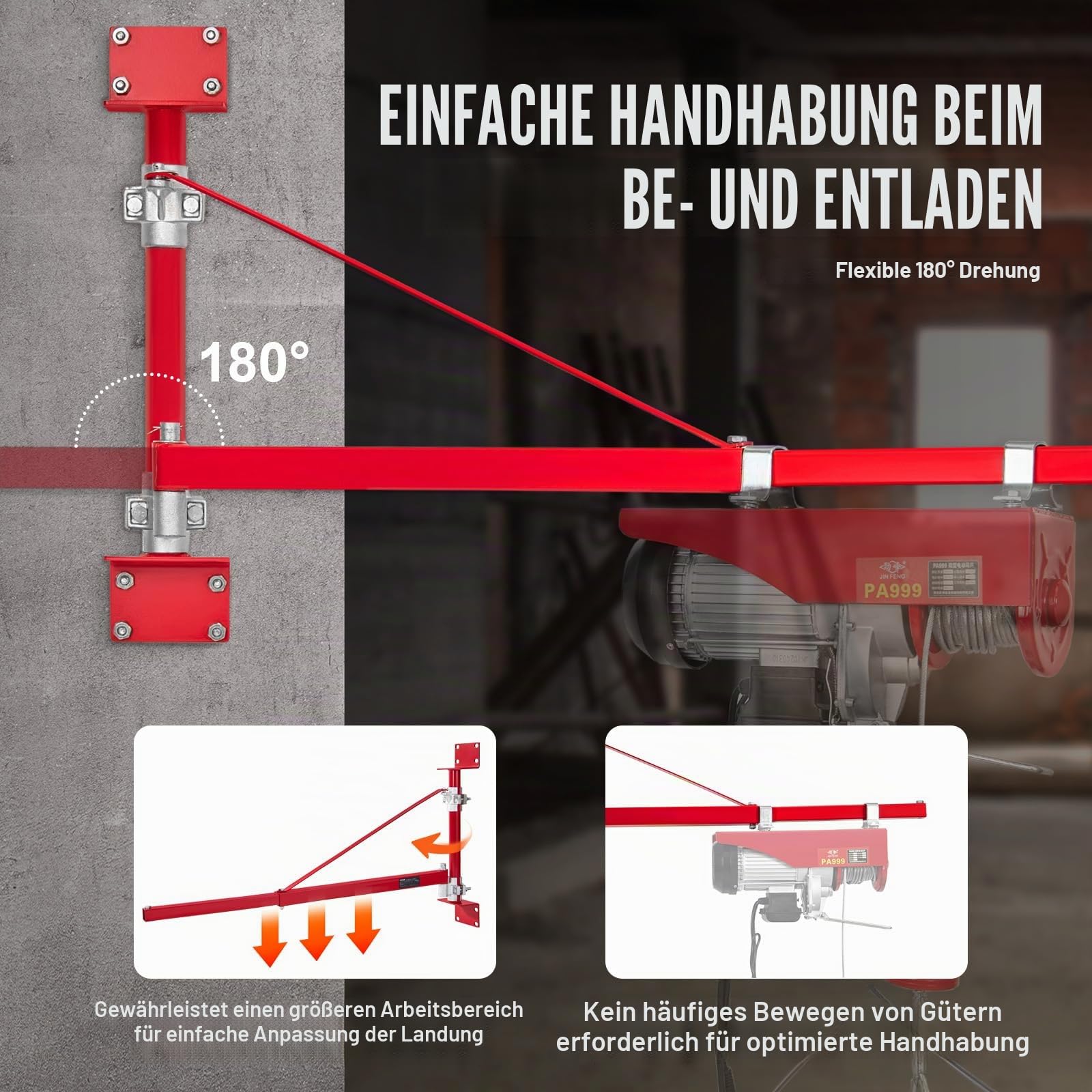 VEVOR Elektrischer Hebezeug-Stützarm 300 kg Tragkraft Hebezeughalter-Schwenkarm mit Stange Hebezeugrahmen aus Stahl, 180° schwenkbarer Gerüsthebezeug-Hebearm Windenhebezeugarm für Werkstatt Garage
