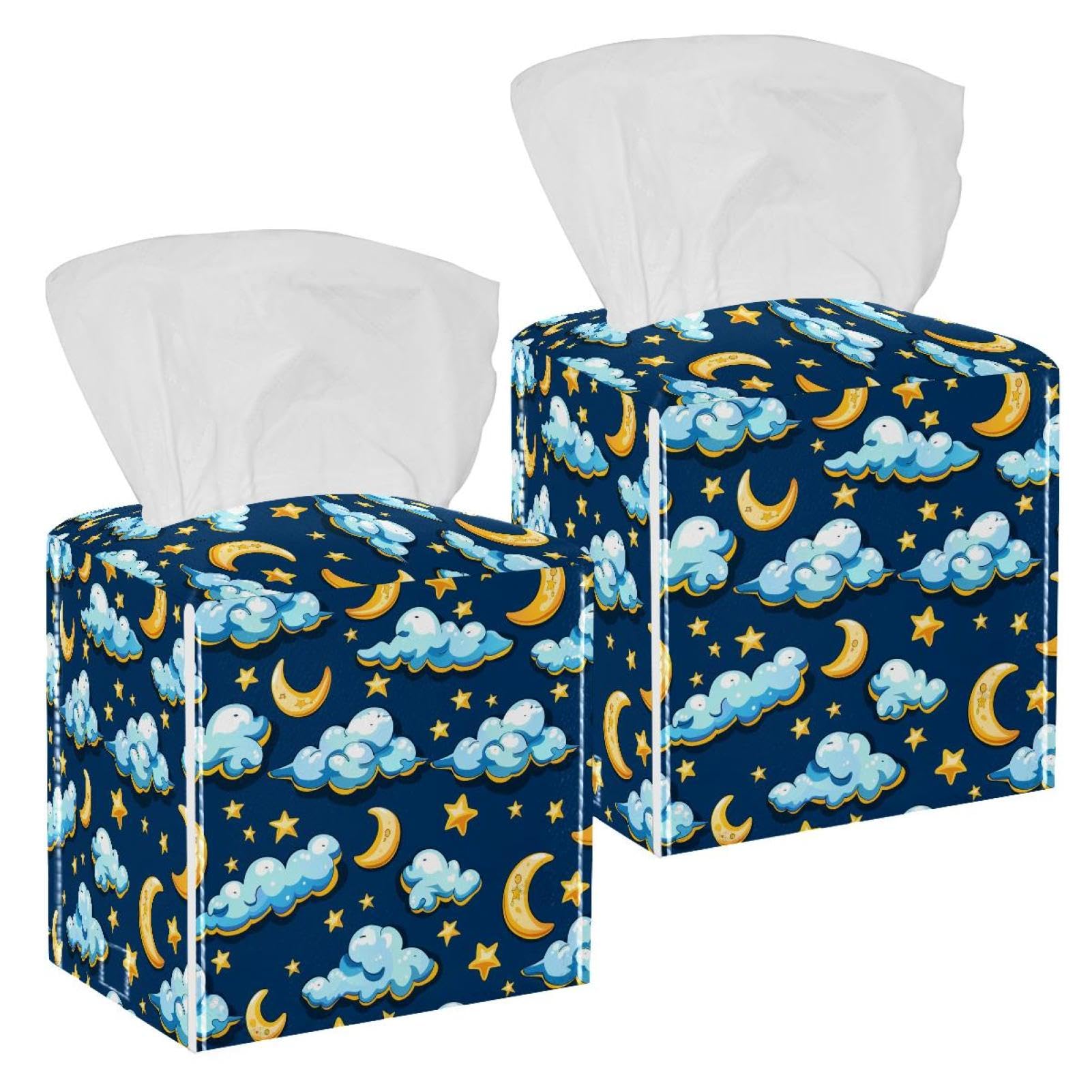 Moon Star Tissue Box Cover, 2 Pack PU Leather Square Facial Tissue Dispenser Box holder for Home Office Car