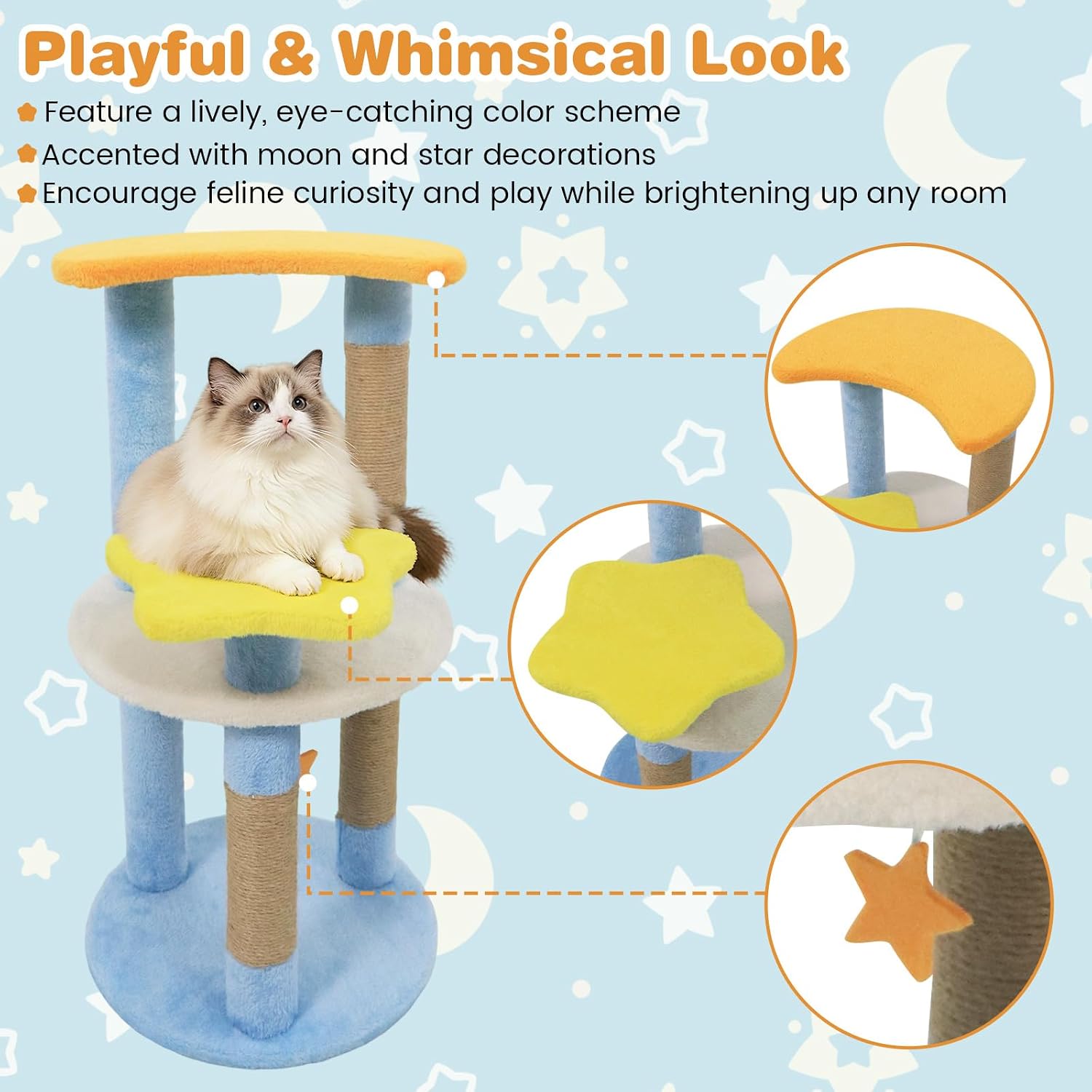 Tangkula Cute Cat Tree, 29 Inch Multi-Level Cat Tower with Jute Scratching Posts, Star & Moon Shaped Platforms, Perch Dangling Toy, Cat Climbing Furniture for Indoor Cats (Blue)