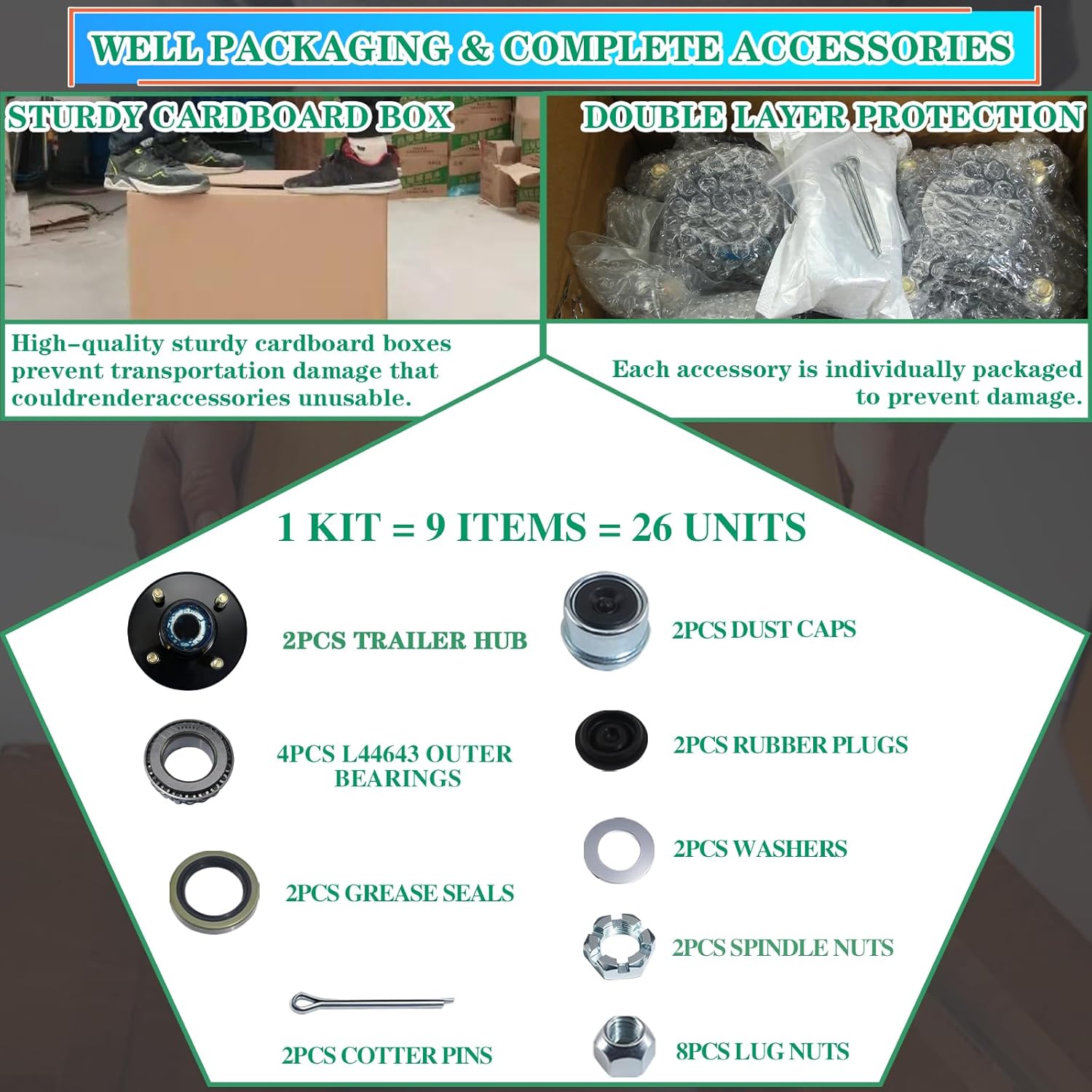 2 Sets Pre-Iubricated Trailer Hub Kits 4 on 4'' for 2000 lbs 1'' BT8 Straight Spindle, Pre-Assmelde L44643 Bearings and Grease Seal 4x4 Trailer Idler Hub 4 Lug Bolt Trailers Wheel Hubs Kit