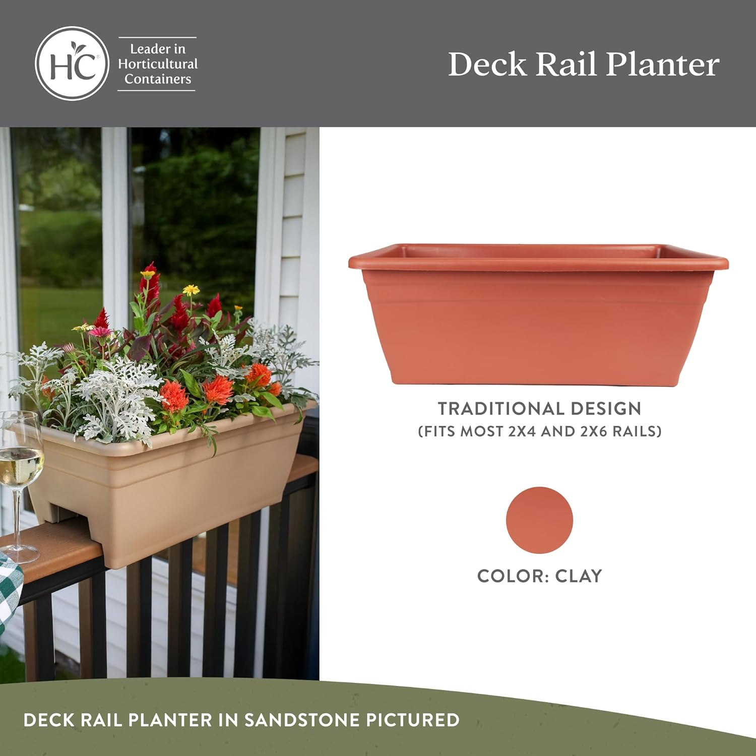 The HC Companies 24 Inch Deck Rail Planter Box with Drainage Plug, Lightweight UV-Resistant Plastic Outdoor Planters for Wood Deck Rail, Flower Box for Garden, Patio, Balcony, and Fence, Clay