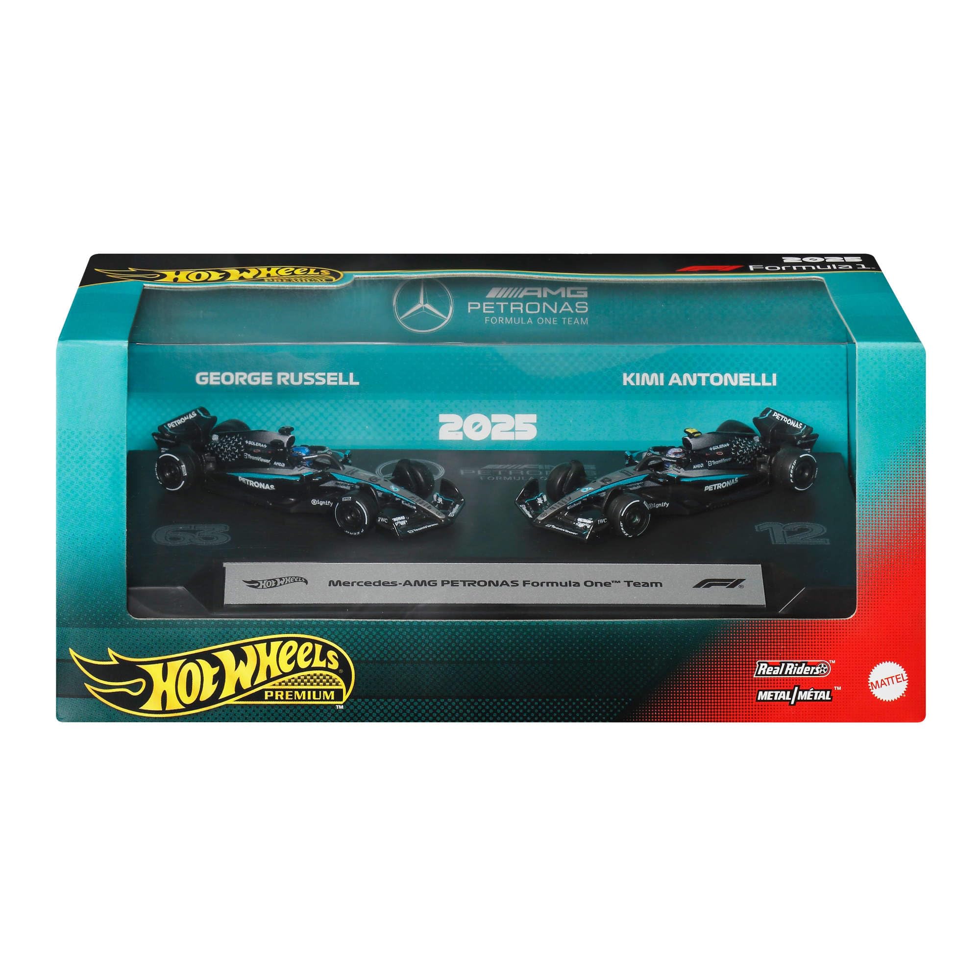 Hot Wheels Premium Formula 1 Toy Cars, 2 1:64 Scale Mercedes-AMG PETRONAS Formula 1 Team Racecars of George Russell & Kimi Antonelli, JMM93