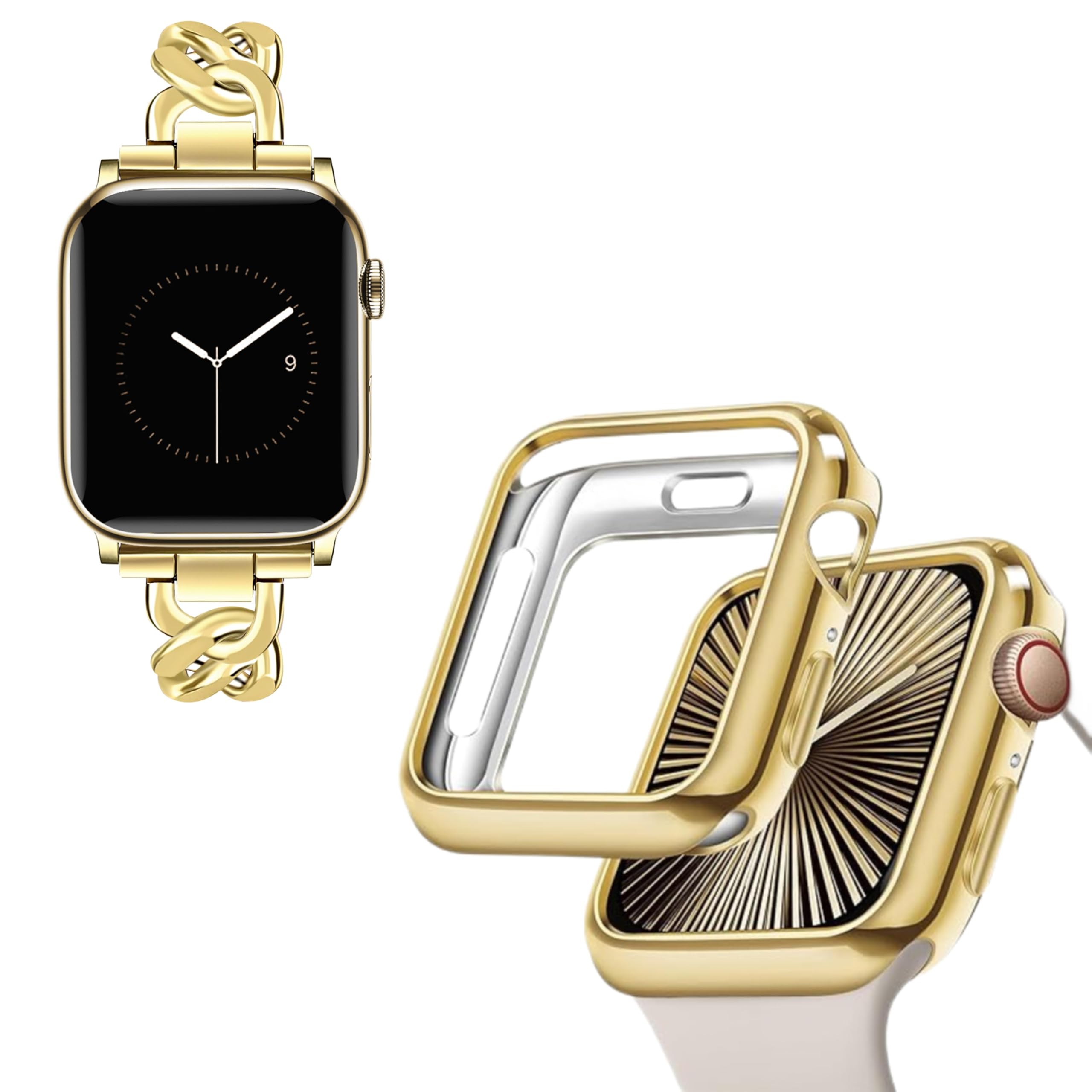 JR.DM 41mm Gold Soft Flexible TPU Case Adjustable Metal Band Bundle Compatible with Apple Watch 38mm 40mm 41mm 42mm 44mm 46mm 45mm 49mm for iWatch Series 10/9/8/7/6/5/4/3/2/1/SE/Ultra