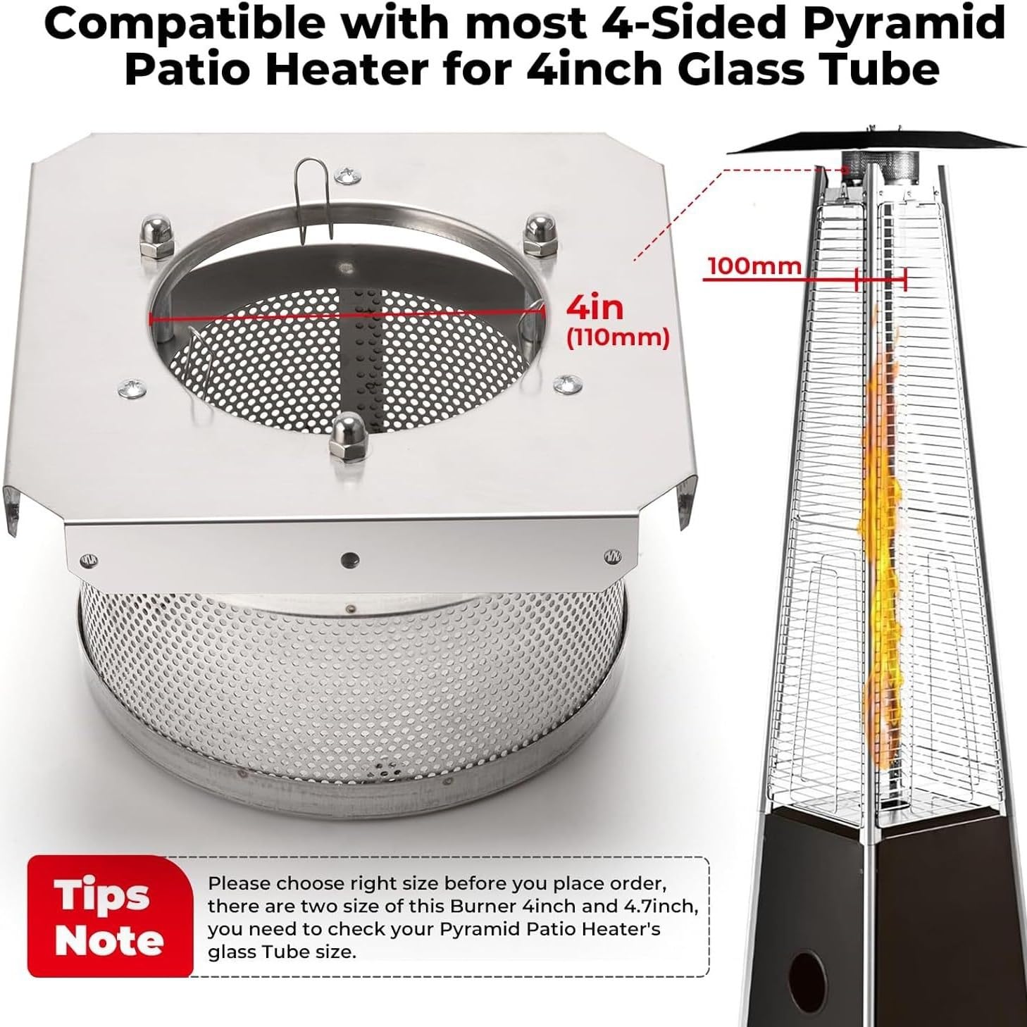 Bruciatore Per Stufa Da Patio Con Schermo E Base, 4 Lati A Piramide Parti Di Ricambio Per Riscaldatore Da Patio In Acciaio Inossidabile 304(Hole distance 10cm)