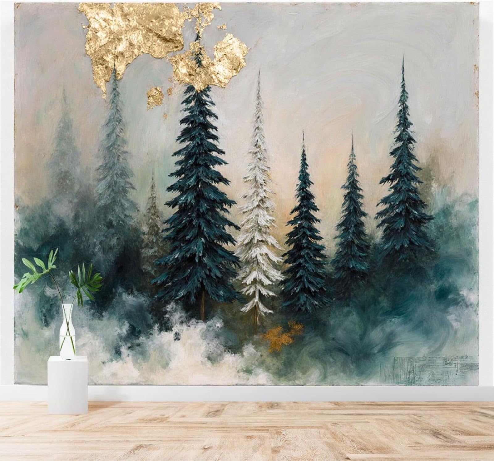 Xlming 250Cm×170Cm(B×H) Hand Drawn Misty Forest Landscape Pine Trees Golden Texture 3D Wallpaper Silky Texture Home Study Office Grey Dining Room Sofa Bedroom Living Room Tv Backdrop-250Cm×170Cm