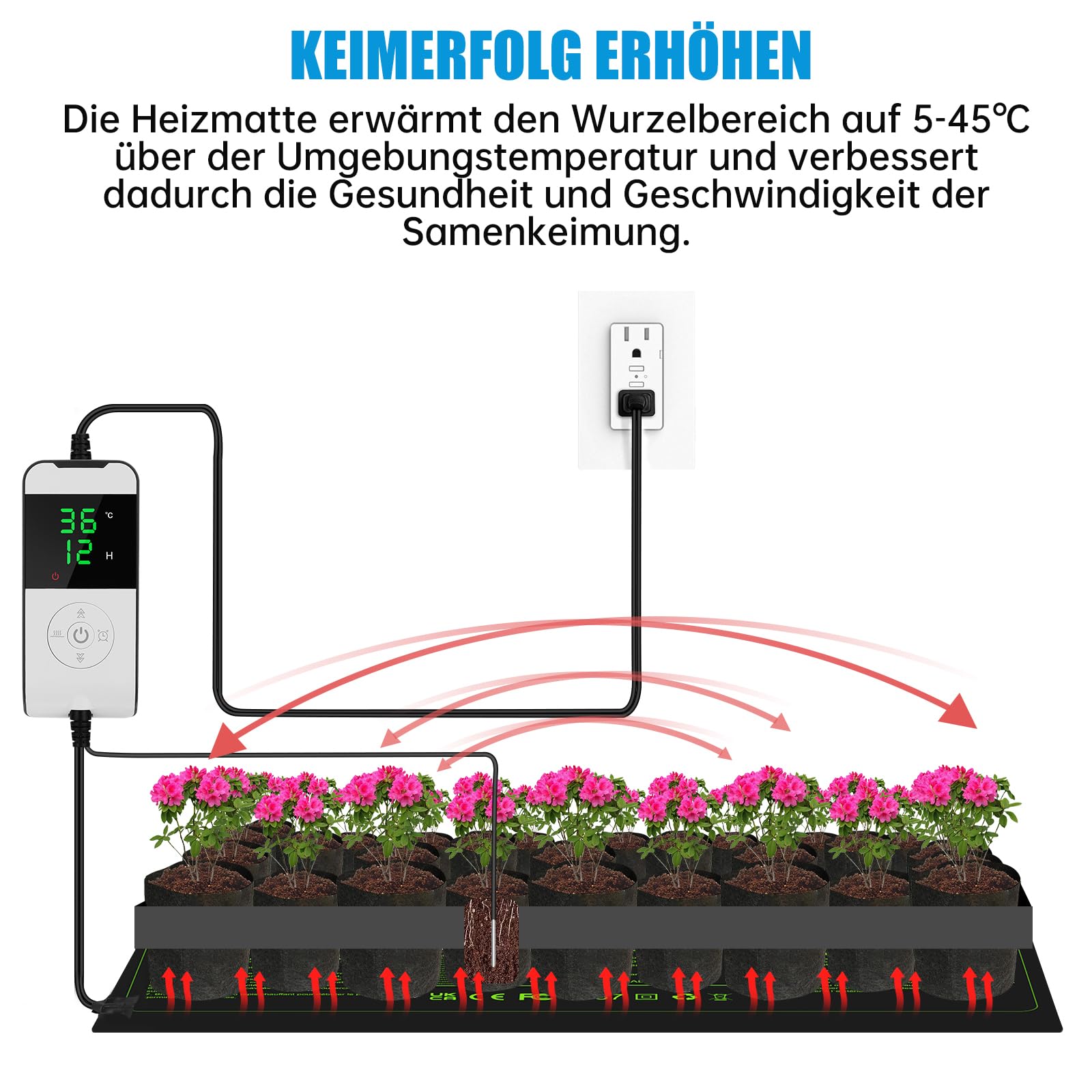 WADEO Heizmatte für Pflanzen, Sämlinge Heizmatte Wärmematte 30 W mit Thermostat 5°C bis 45°C, Gewächshaus Wärmematte Wasserdicht mit Timerfunktion, für Setzlingskeimung Sämling Germination, Terrarium