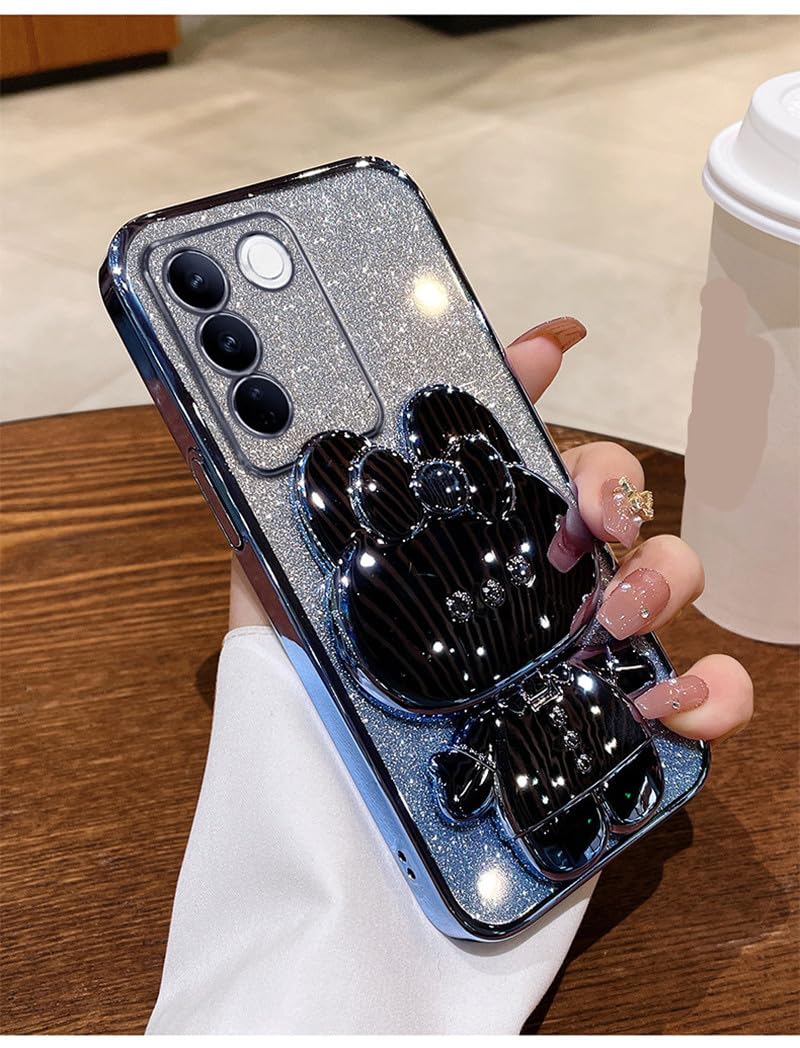 for Samsung Galaxy S23 FE Case for Women Cute Hidden Rabbit Bunny Mirror Stand,Plating Girly Glitter Gradient Layer Crystal Clear Soft Silicone Shockproof Phone Case for Samsung S23 FE Blue