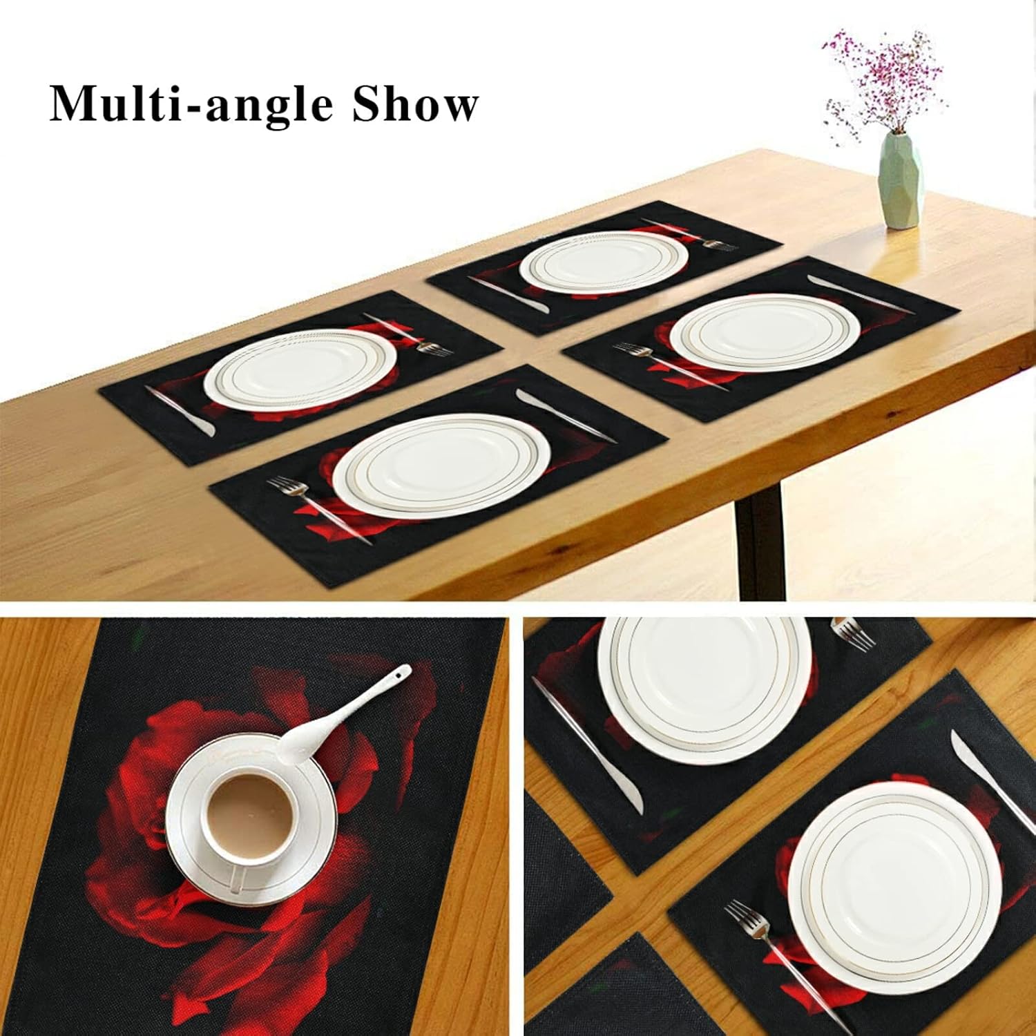 senya Valentine's Day Placemats Set of 6 Romantic Red Rose Flower Placemat Table Place Mats for Dining Kitchen Table Easy to Clean Washable 12'' x 18'', 12*18inx6