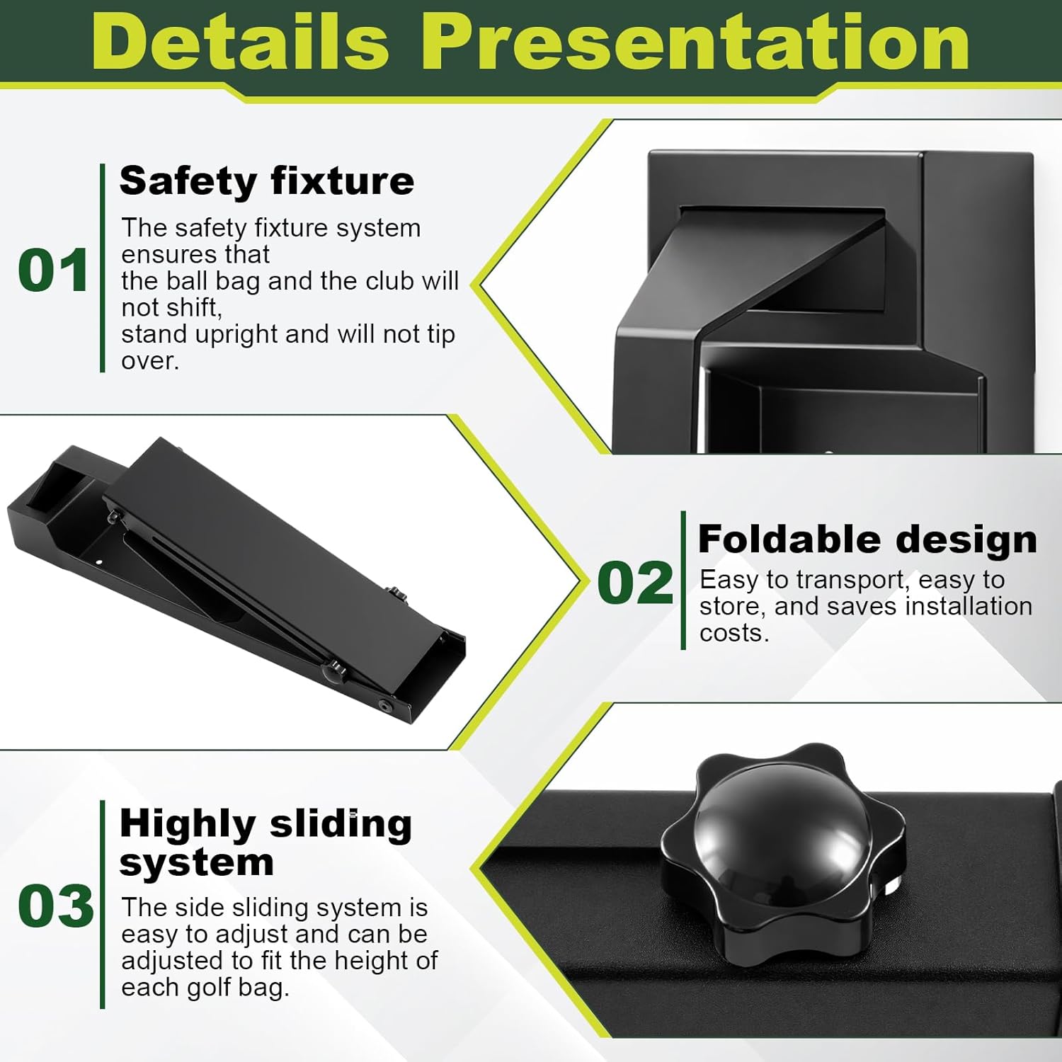 Wall Mount Golf Bag Storage Stand with Adjustable Height 33" to 42" Foldable Golf Bag Holder Organizer Rack for Garage Homes Clubs Training Grounds Basement Man