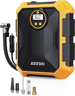 AstroAI Car Air Compressor, Car Air Pump, DC 12 V, 100 PSI, LED Light, Auto Power Off, Real Time Screen, Compatible with American and Presta Types, For Bicycles, Cars, Road Bikes, Balls, Floats,