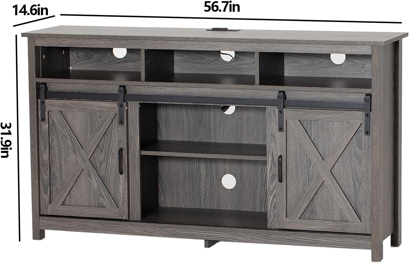 57" LED Farmhouse TV Stand for 65/60/55 Inch TVs,Tall Entertainment Center Storage Cabinets w/Power Outlets and Sliding Barn Door,Rustic TV Stands for Living Room,Media Console Cabinet (Charcoal)