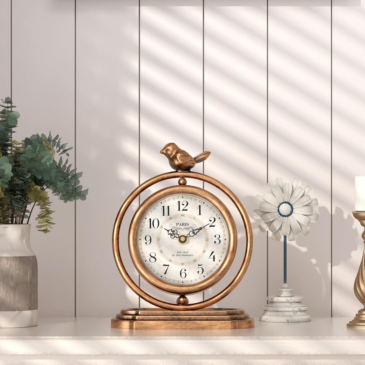 Gold Vintage Table Clock with Bird, European Retro Style Mantel Clocks, Desk and Shelf Decor Clock, for Living Room, Farmhouse, Bedside, Bedroom, Gift (7.9 H x 6.3 W)
