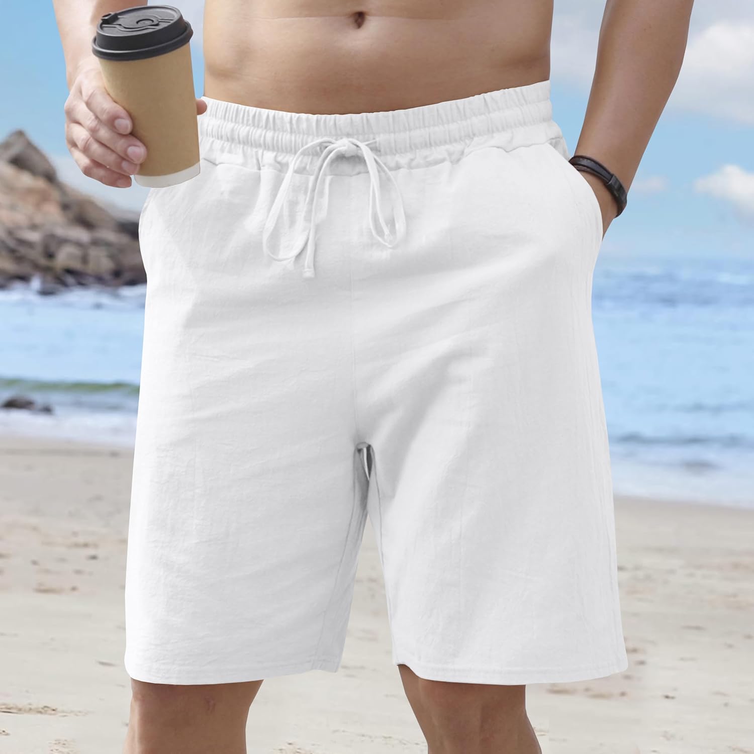 Mens Linen Shorts Casual Drawstring Elastic Waist Lightweight Breathable Summer Beach Shorts for Men - Image 2