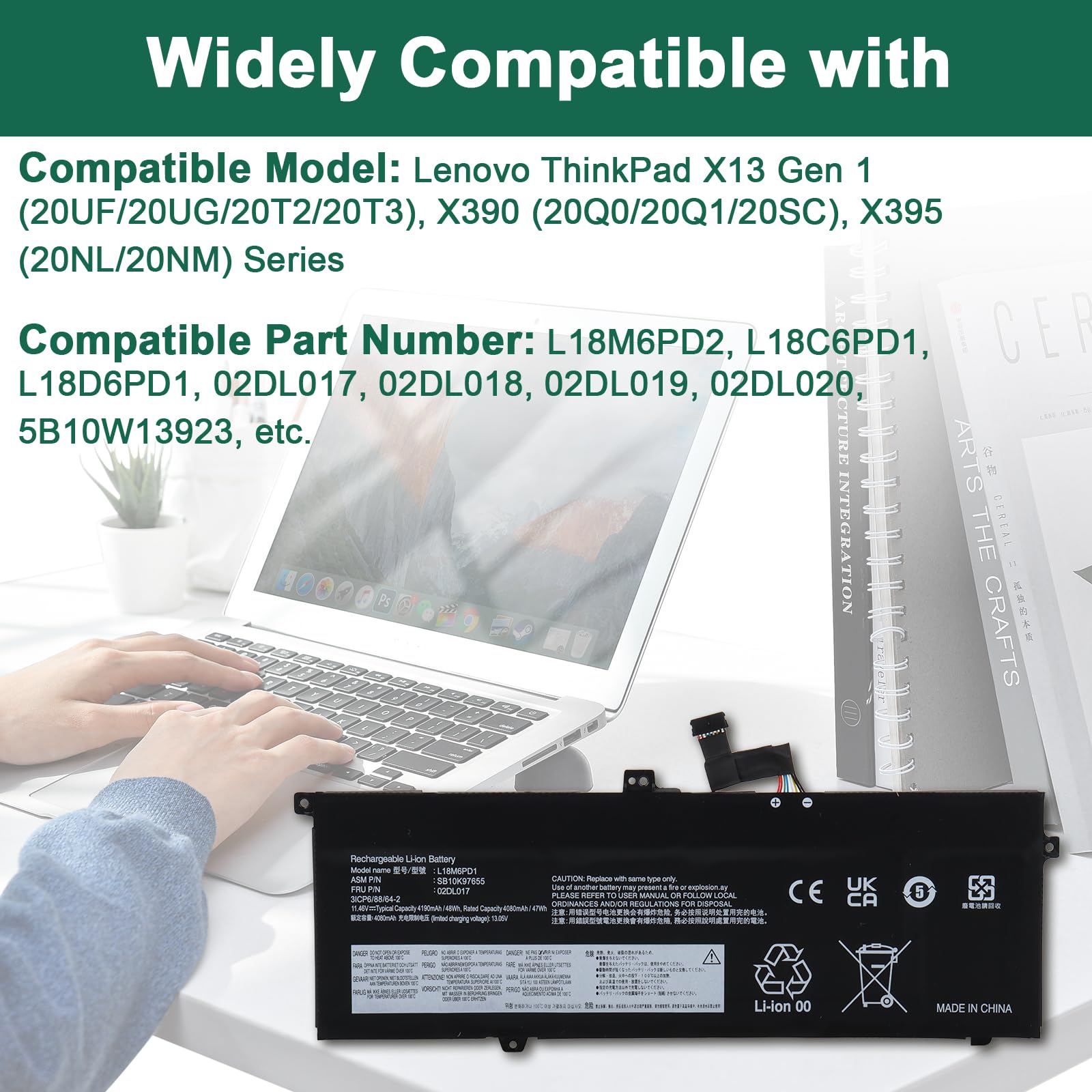 L18M6PD1 Batterie Compatible avec Lenovo ThinkPad X13 Gen 1 2020 X390 X395, L18C6PD1 L18D6PD1 L18M6PD2 02DL017 02DL018 02DL019 02DL020 SB10K97655 SB10K97656 SB10K97657 SB10K97658-48Wh 11,46V