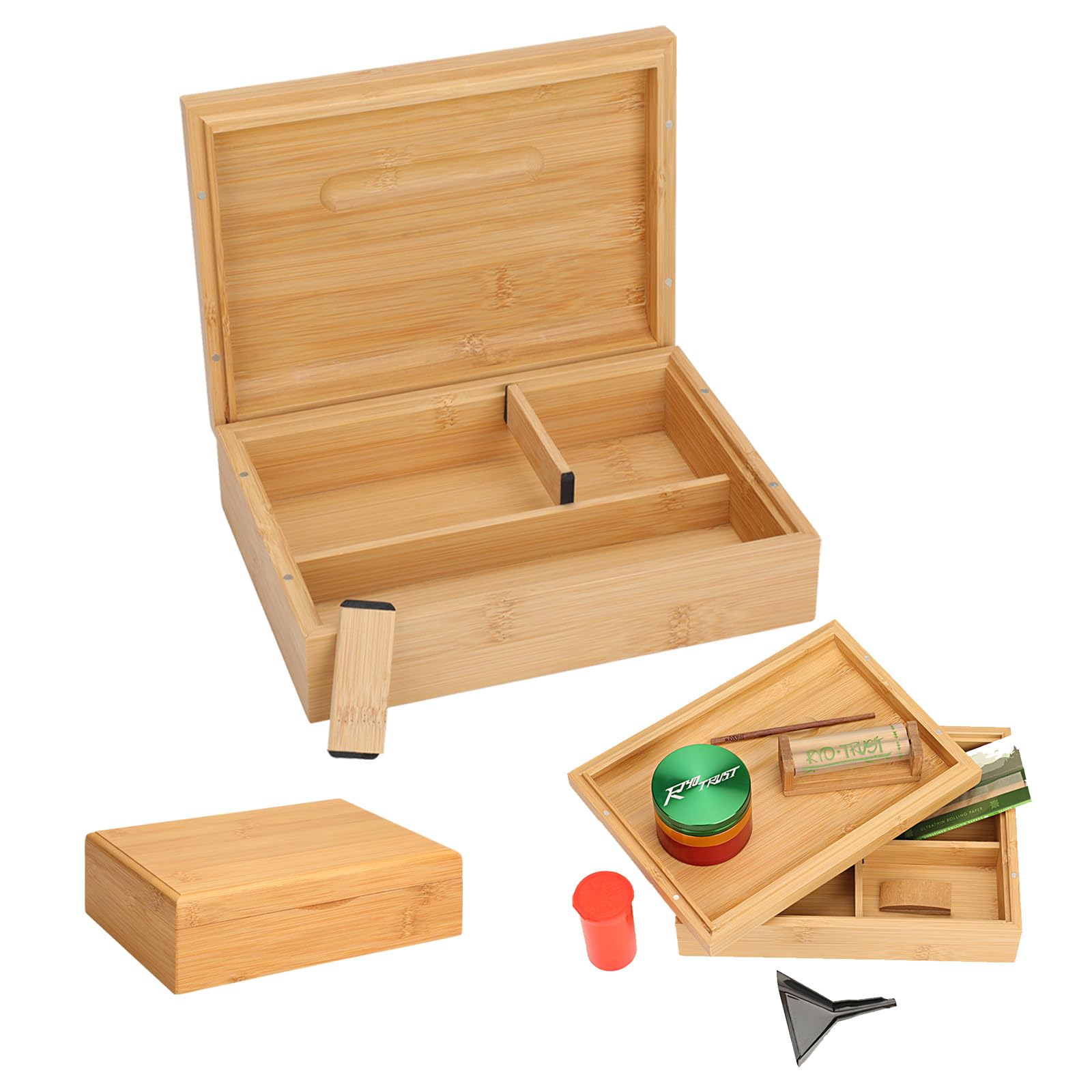 Storage Stash Box with Rolling Tray, Bamboo Box with Large Storage Space to Organize Herb Accessories - Comes with Convertible Rolling Tray Lid and 2 Dividers, 8.6" x 6.3" x 2.5"