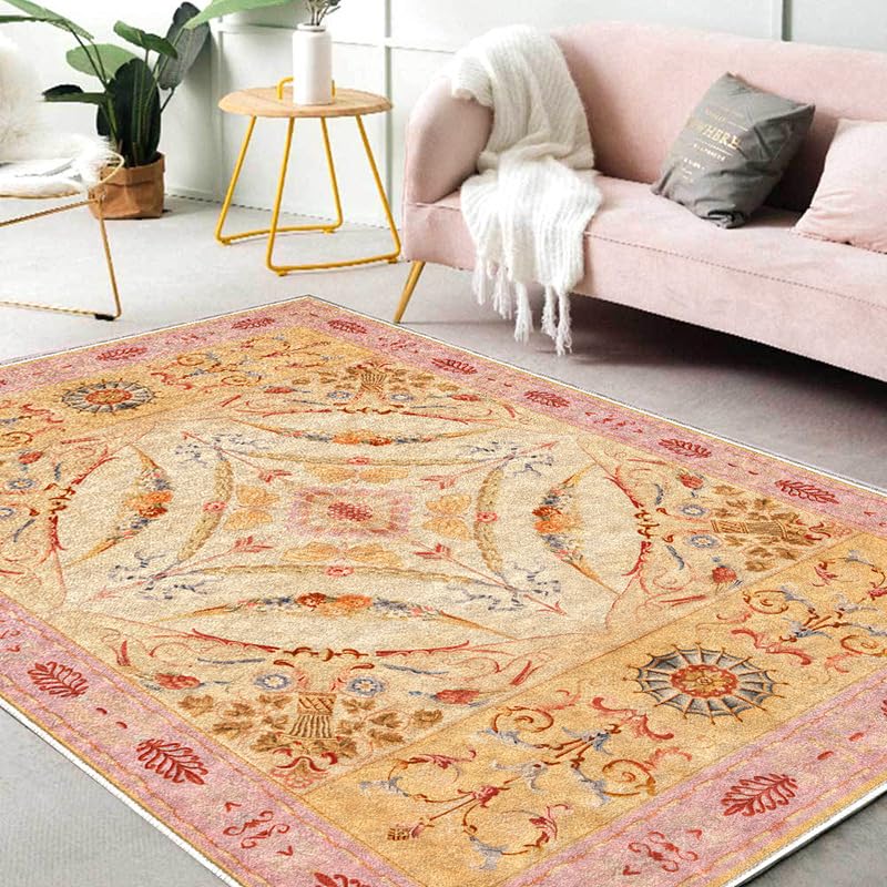 Tapis salon jaune ethnique rétro 120x160 cm à poils courts lavable