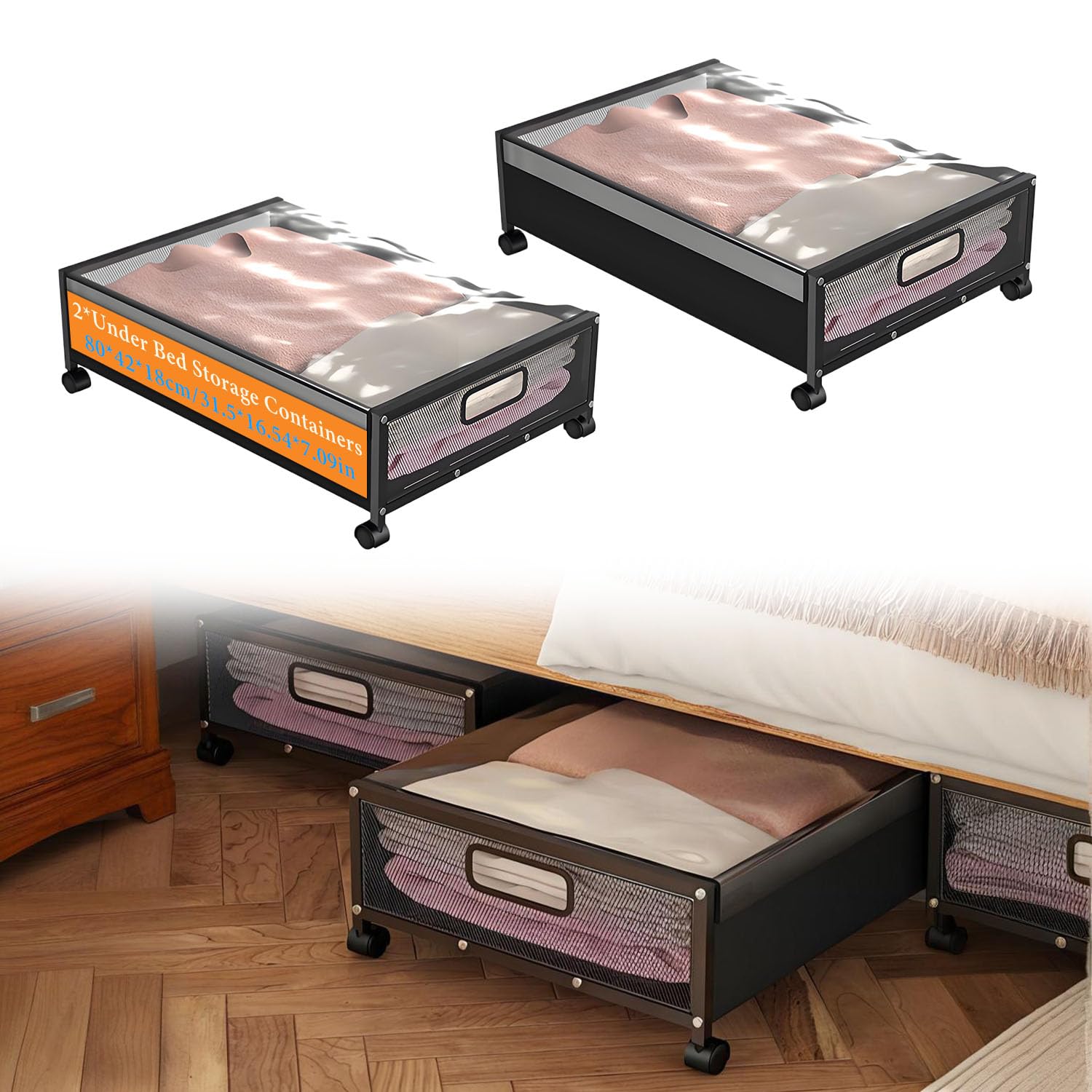 Contenitore sotto il letto, 2 pezzi, con ruote, altezza 15 cm, stabile, con coperchio e maniglia, per vestiti, giocattoli, scarpe e coperte