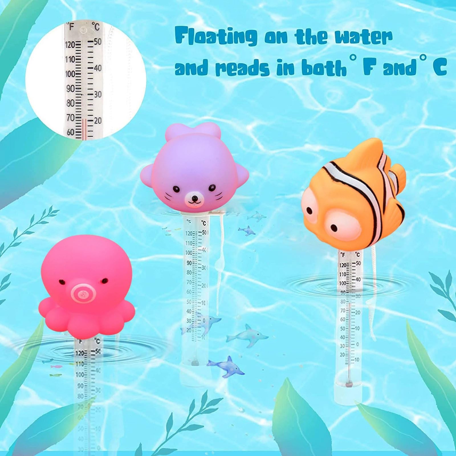 Pool Thermometer Floating Water, Cartoon Animals Pattern Pool Water Temperature, Bath Temp Sensor, Easy Read & Versatile Use Water Temperature Gauge for Spa Shower Lake Bathtub (Type-G)