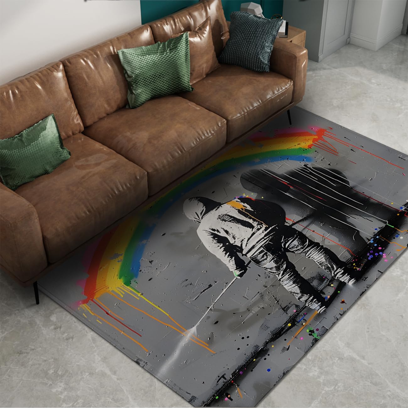 Tapis 180x270cm gris au style art de rue et graffiti moderne pour salon