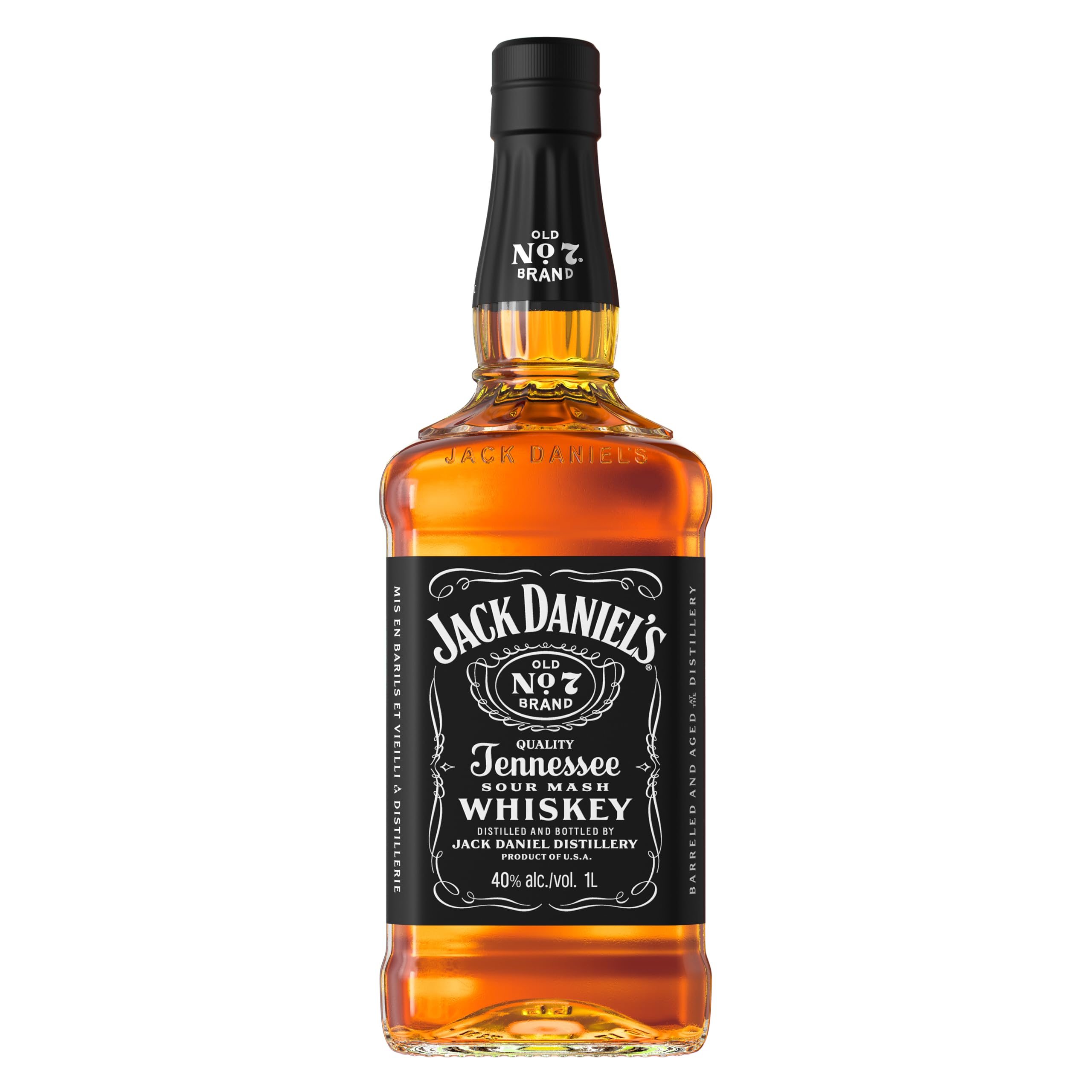 Jack Daniel's Old N°7 Tennessee Whiskey 40% vol 1L - Whisky Américain Iconique - Filtré sur charbon de bois d'érable - Notes de Vanille, Caramel & Chêne - Idéal Pur sur glace ou en Cocktail