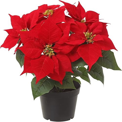TenWaterloo Planta de Pascua de Navidad artificial de terciopelo rojo de 14 pulgadas en maceta de vivero