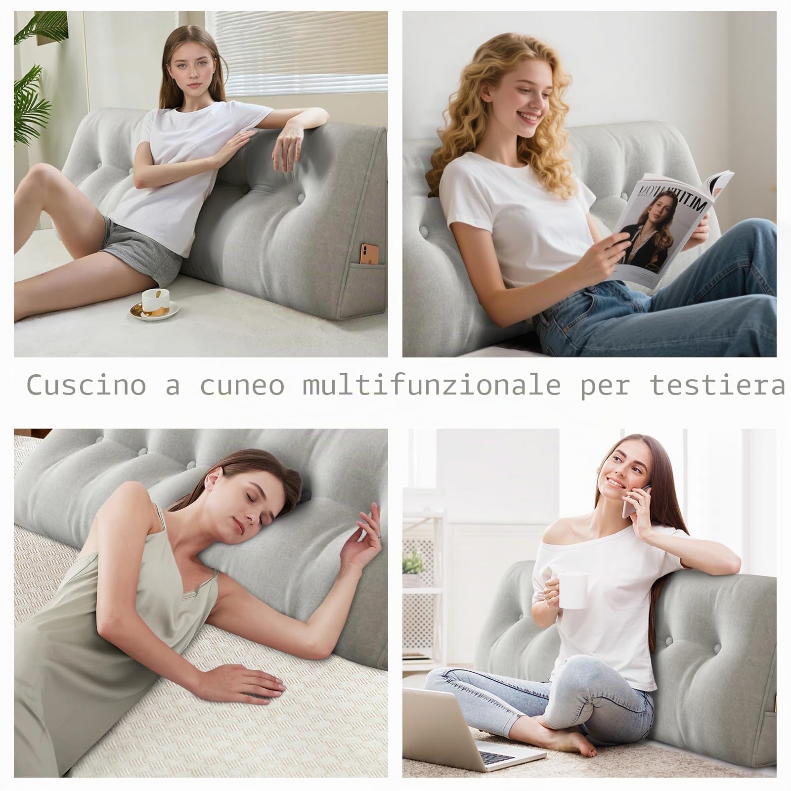 ShowyLive Cuscino Schienale Letto, Cuscino da Lettura per Letto Divano, Cuscino per la Schiena e la Testa con Tasca Laterale, Rivestimento Sfoderabile e Lavabile (100 * 50 * 20 cm, Grigio Chiaro)