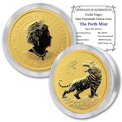 2022 P 1/20 oz Gold Australian Lunar Series III Year of the Tiger Coin Brilliant Uncirculated (BU) in Capsule with Certificate of Authenticity $5 BU