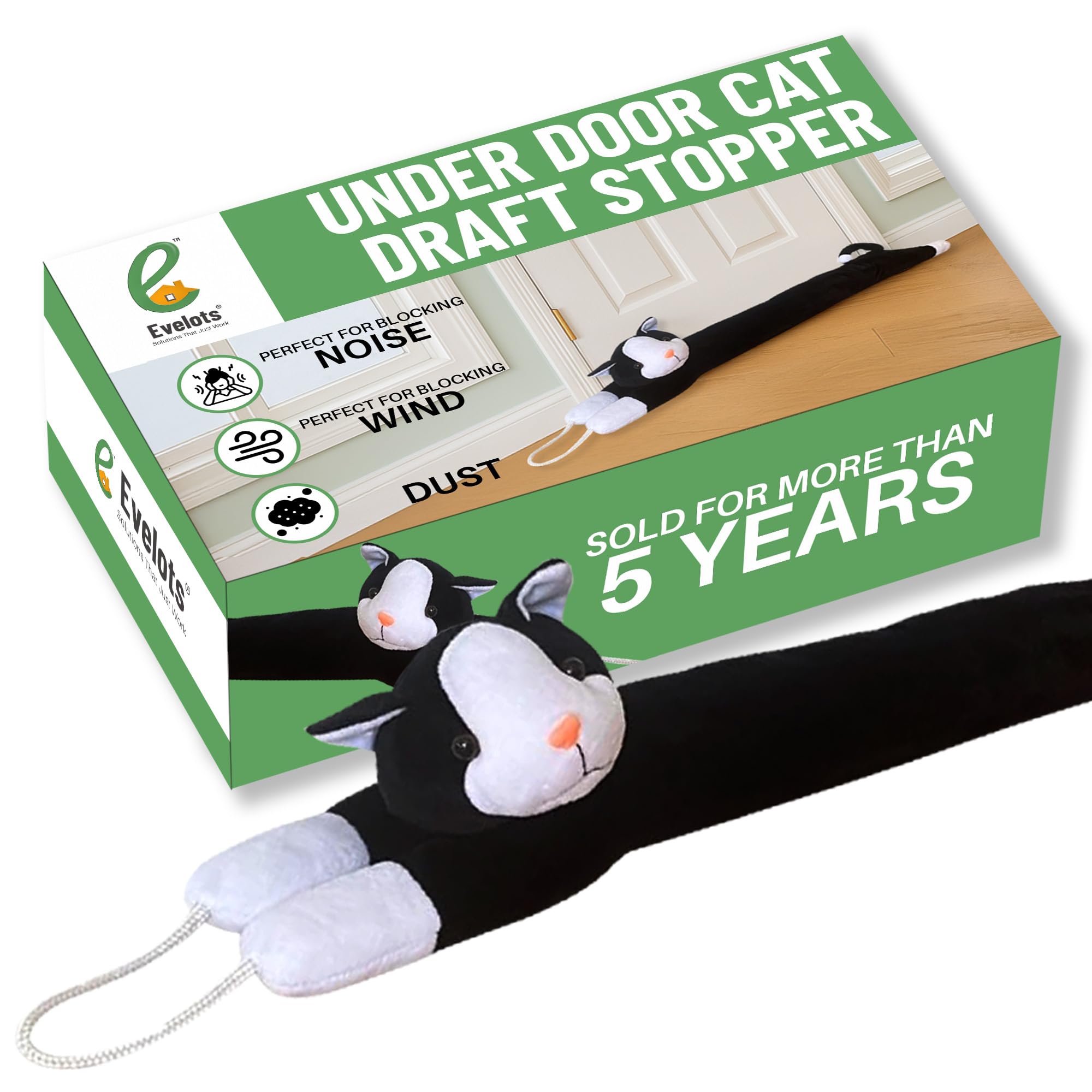 Evelots Under Door Cat Draft Stopper - Weighted - Keep Cold Air, Warm Air Out - Odor, Noise, Dust, Wind Blocker - Great for Window - Full 38 Inch Long - Heavy Duty Kitty Cat - Hanging Loops