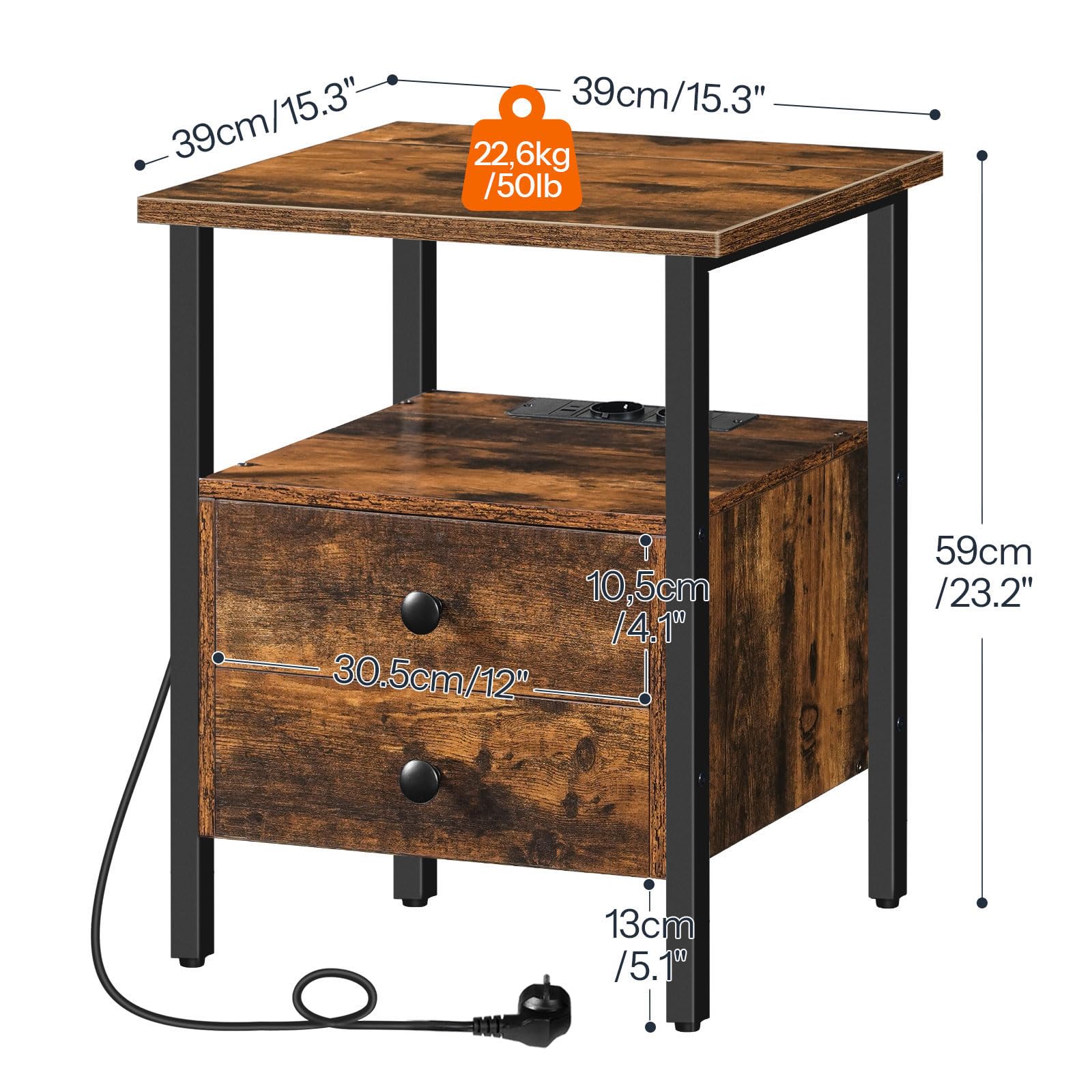 HOOBRO Mesita de Noche con Estación de Carga, Mesa Auxiliar con 2 Cajones, 2 Tomas CA, 1 Puerto USB A y 1 Puerto Tipo C, Mueble para sofá, Marrón Rústico y Negro EBF43CBZ01G3