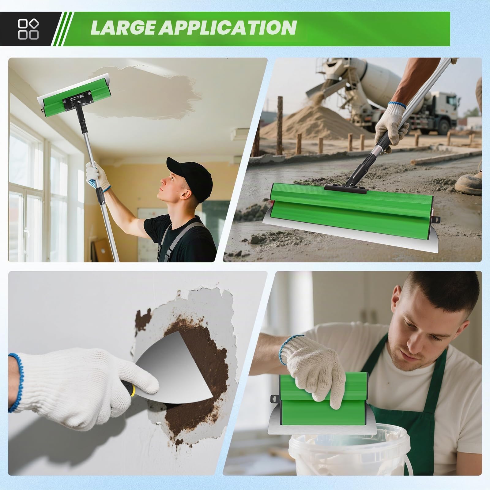 Set de spatules de surface professionnelles dans un coffret - 5x spatules de surface (demi-lune 190 mm, 250 mm, 400 mm, 600 mm, 800 mm) - 2x spatules à main - tige télescopique en aluminium