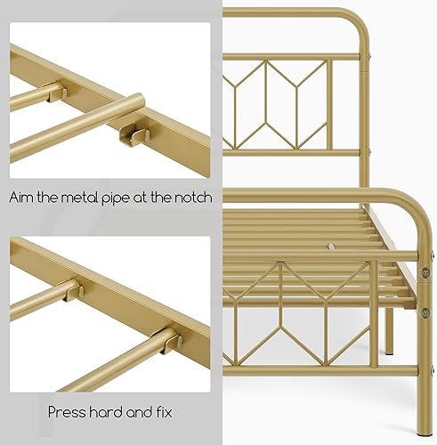 Miniatura 9 de Yaheetech Base de colchón de plataforma metálica con cabecero de patrón de diamante, soporte de listones de acero resistente, almacenamiento debajo