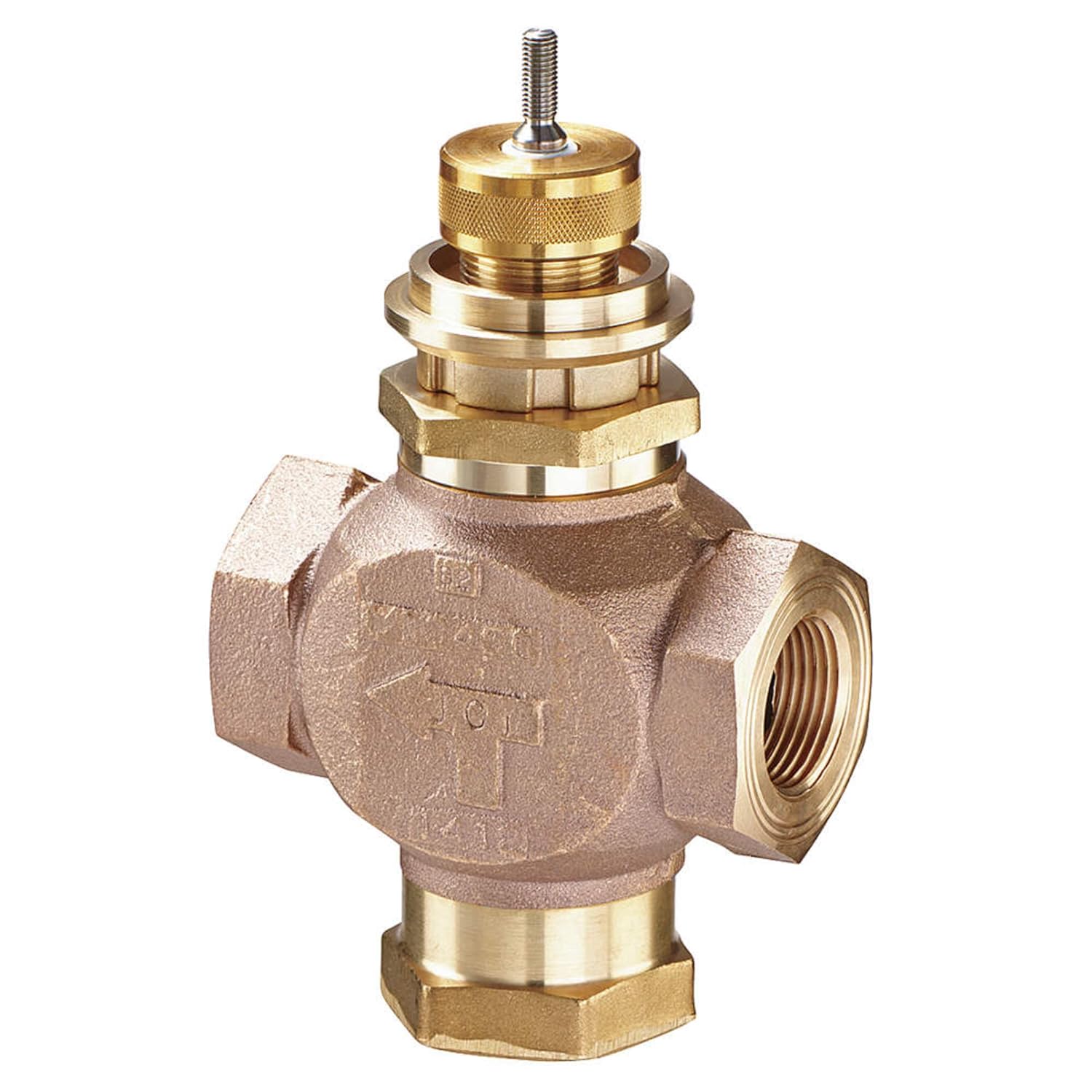 Johnson Controls VG7842NT Series VG7000 Bronze Globe Valve, Three-Way Mixing, Brass Trim, NPT End Connection, 1" Valve Size, 11.6 Cv