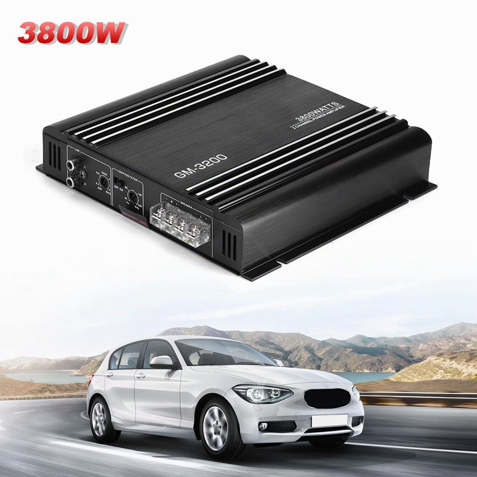 EBTOOLS Amplificador Estéreo de Coche de 12 V, 2 Canales, 3800 W, Aleación de Aluminio Negro