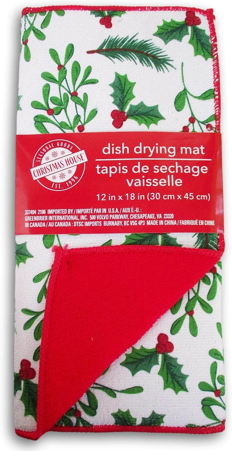 Christmas Time Christmas Winter Holiday Holly Dish Drying Mat - 12 x 18 Inches Multicolor