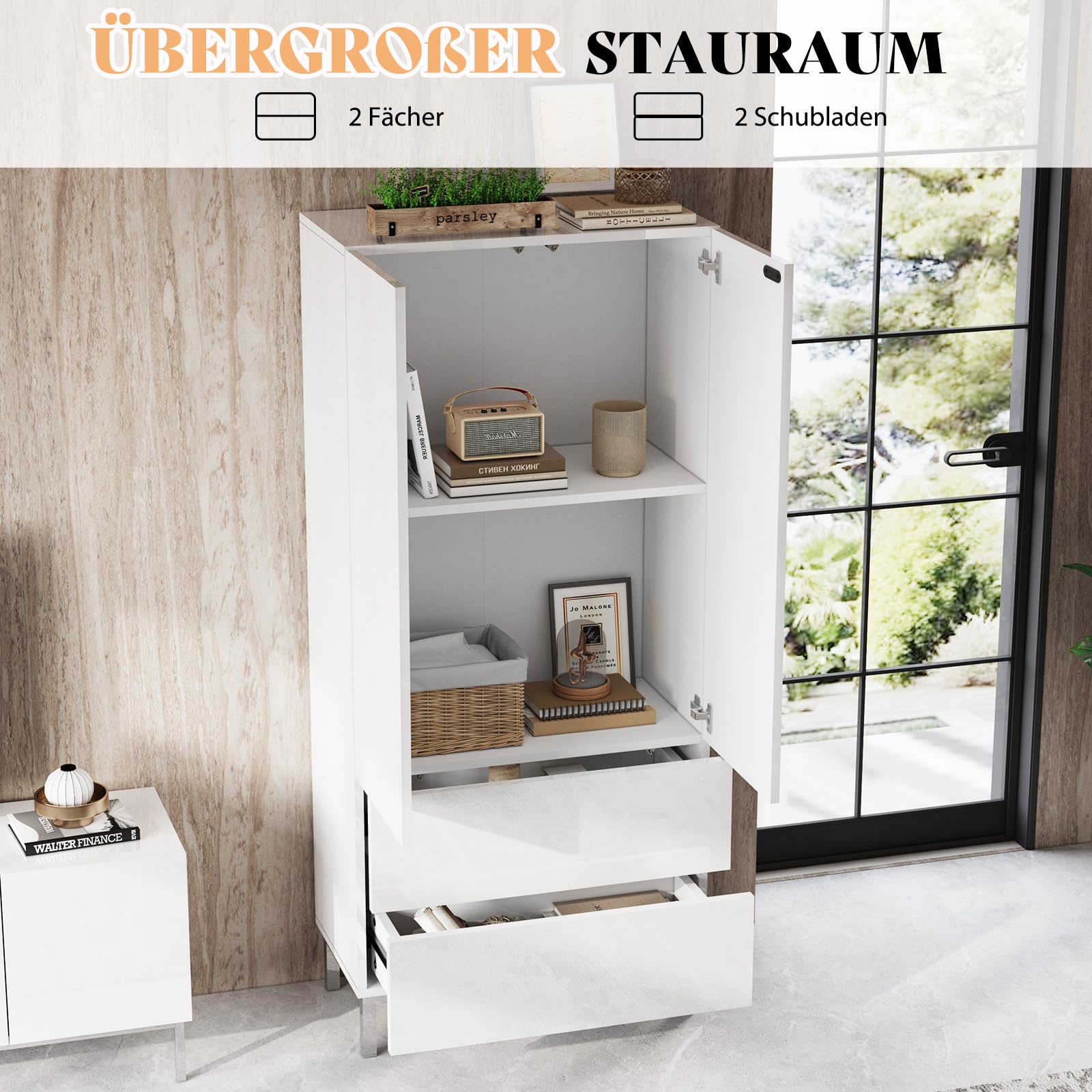 LUXOAK Moderner Hochglanz Schrank Weiß mit 2 Türen & 2 Schubladen – 86×40×178 cm Mehrzweckschrank mit Metallfüßen, Push-to-Open, Verstellbare Einlegeböden Für Wohnzimmer, Küche, Flur